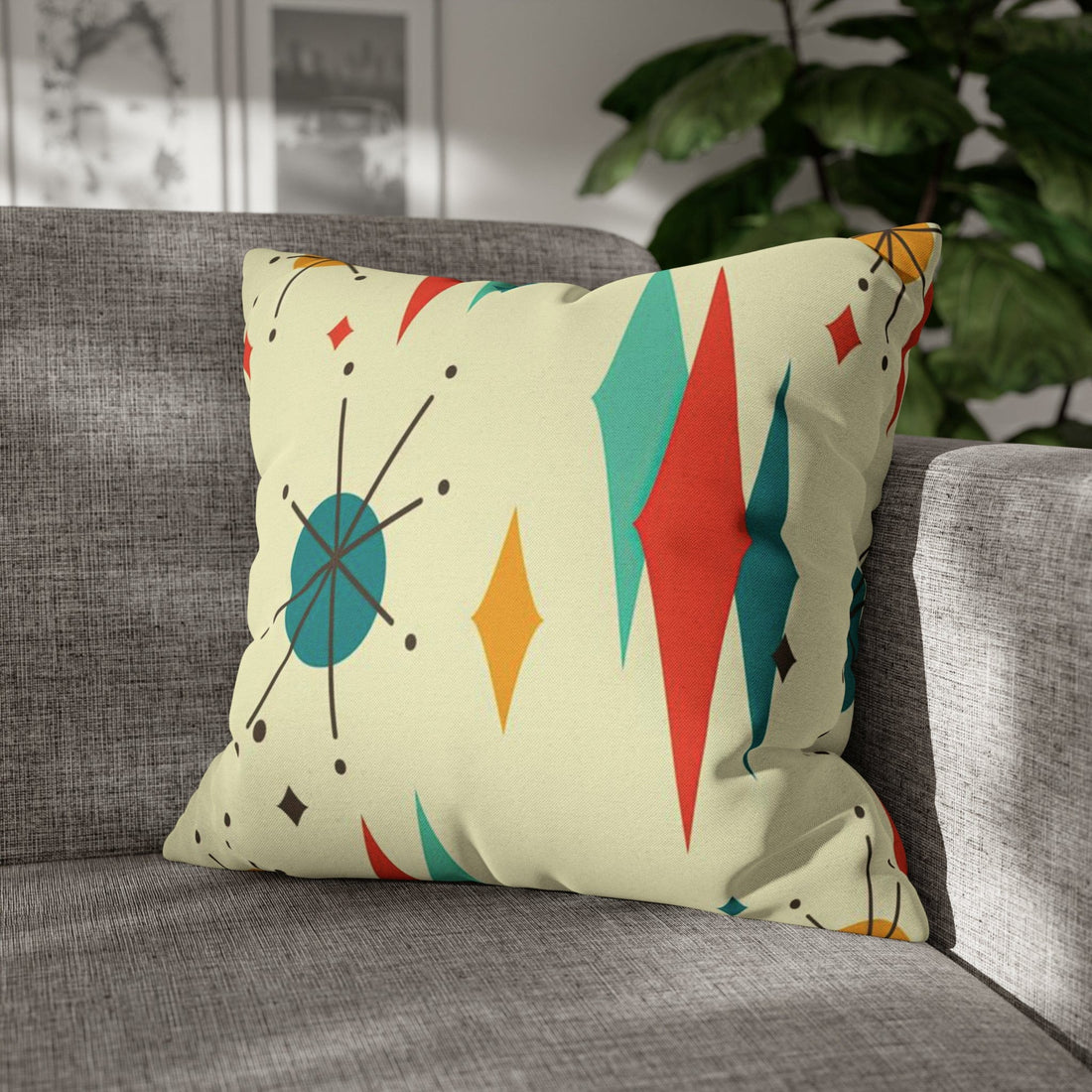 Printify Franciscan Diamond Starburst Throw Pillow Covers in Mid Century Modern Orange, Teal, Cream Hues, Retro 50s MCM Cushion Cover Home Decor 20&quot; × 20&quot; 17942588648012554555
