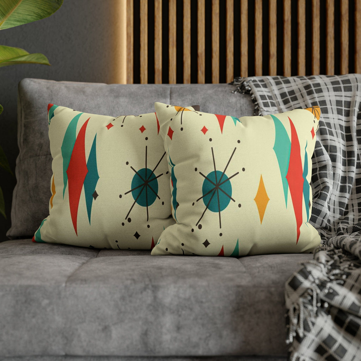 Kate McEnroe New York Franciscan Diamond Starburst Throw Pillow Covers in Mid Century Modern Orange, Teal, Cream Hues, Retro 50s MCM Cushion CoverThrow Pillow Covers79205268599661753187