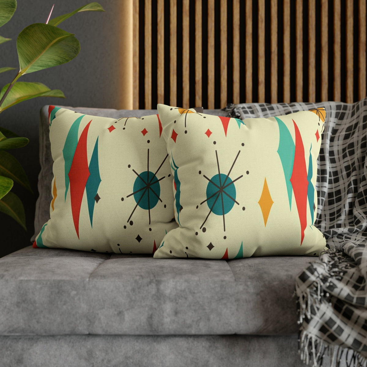 Kate McEnroe New York Franciscan Diamond Starburst Throw Pillow Covers in Mid Century Modern Orange, Teal, Cream Hues, Retro 50s MCM Cushion CoverThrow Pillow Covers79205268599661753187