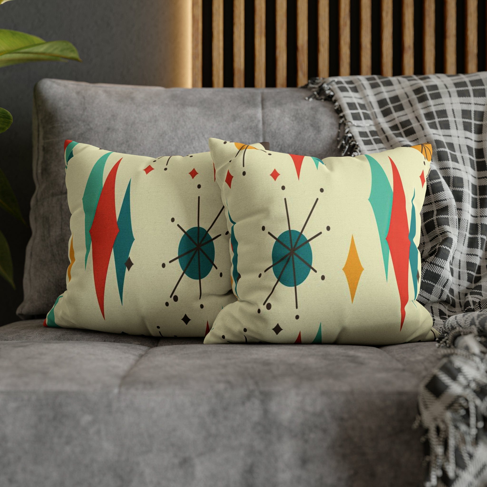 Kate McEnroe New York Franciscan Diamond Starburst Throw Pillow Covers in Mid Century Modern Orange, Teal, Cream Hues, Retro 50s MCM Cushion CoverThrow Pillow Covers79205268599661753187