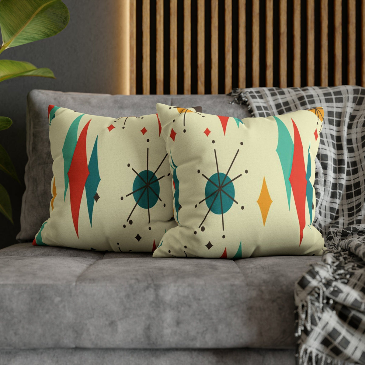 Kate McEnroe New York Franciscan Diamond Starburst Throw Pillow Covers in Mid Century Modern Orange, Teal, Cream Hues, Retro 50s MCM Cushion CoverThrow Pillow Covers79205268599661753187