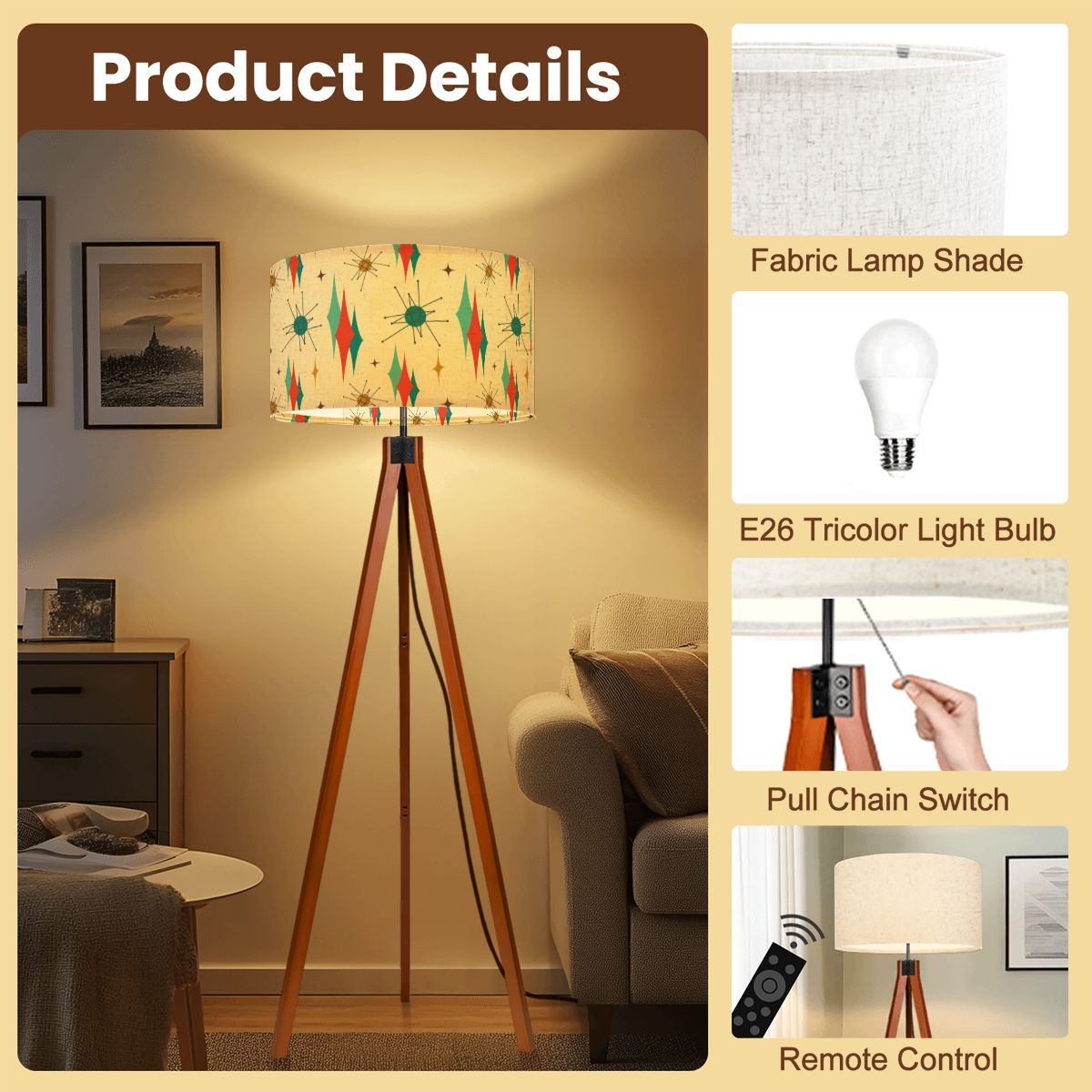 Kate McEnroe New York Franciscan Diamond Starburst Tripod Floor Lamp, Mid Century Modern Retro MCM Accent LightingTripod Floor LampsB0O6SxtKxK