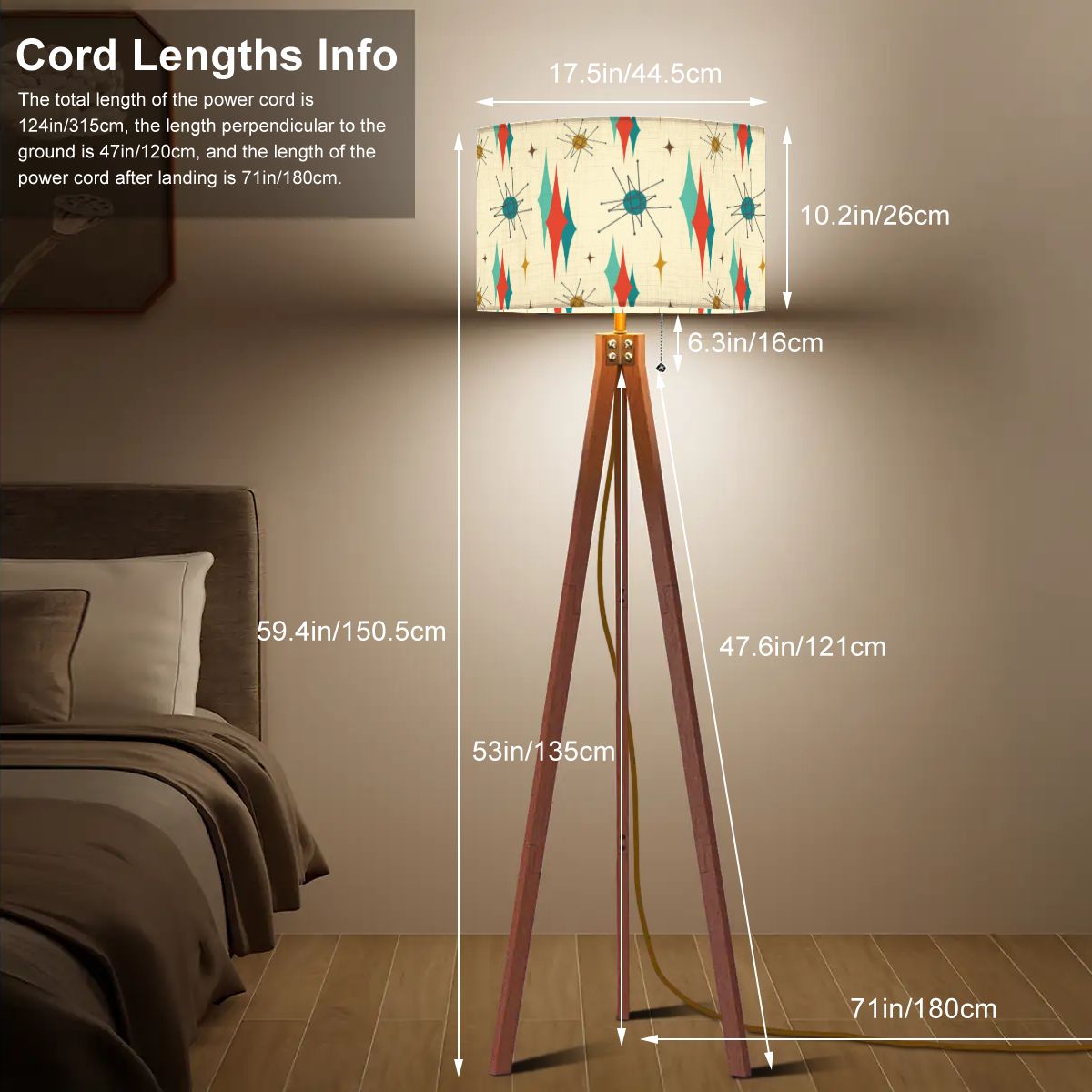 Franciscan Diamond Starburst Tripod Floor Lamp, Mid Century Modern