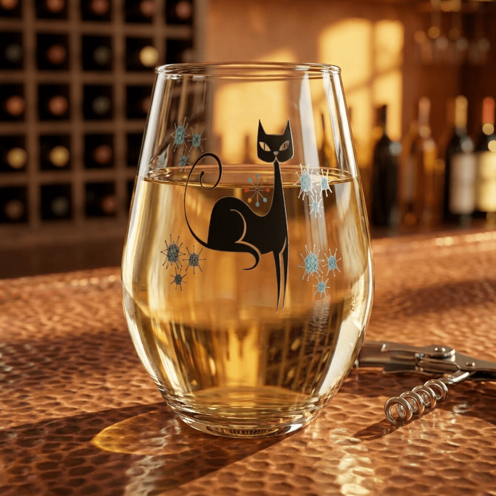 Kate McEnroe New York Franciscan Starburst Atomic Cat Stemless Wine Glass, Mid Century Modern Retro BarwareWine Glasses12541836861827153556
