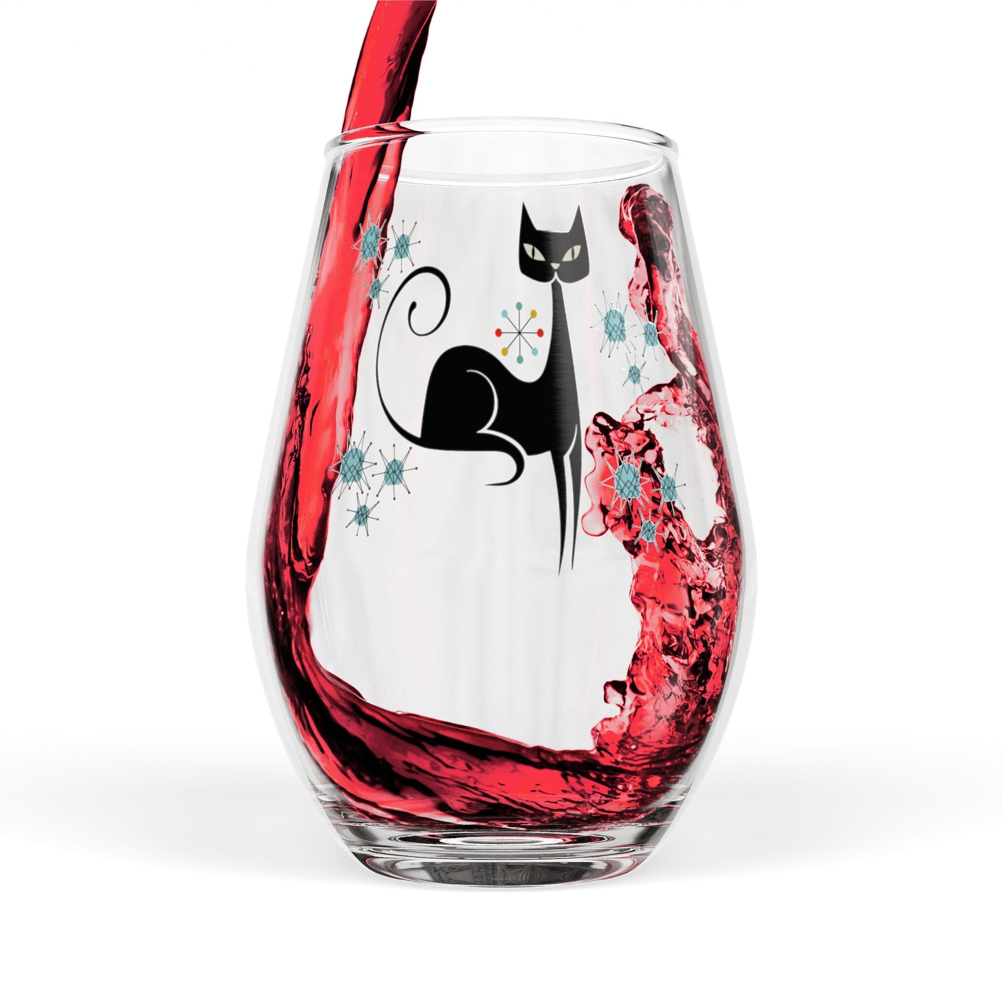 Kate McEnroe New York Franciscan Starburst Atomic Cat Stemless Wine Glass, Mid Century Modern Retro BarwareWine Glasses12541836861827153556