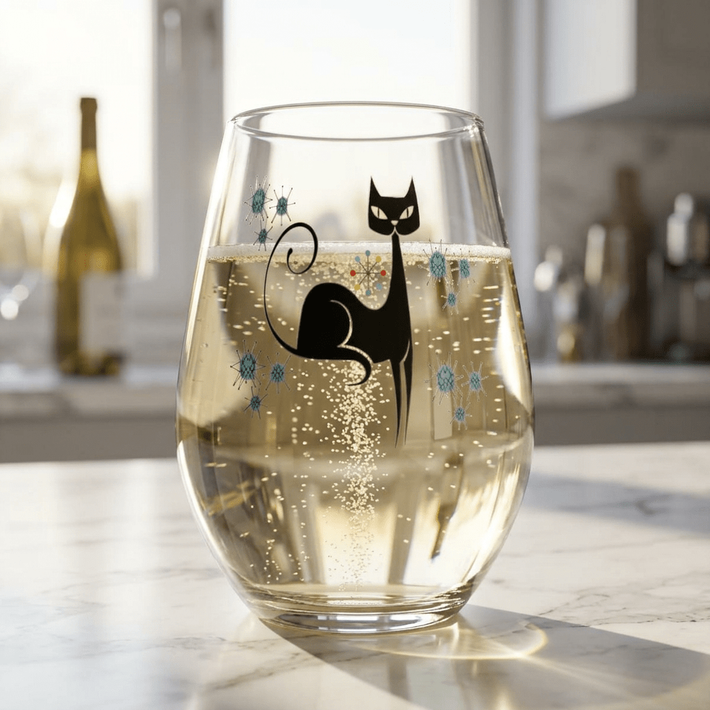 Kate McEnroe New York Franciscan Starburst Atomic Cat Stemless Wine Glass, Mid Century Modern Retro BarwareWine Glasses12541836861827153556