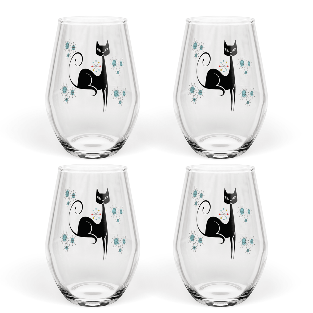Kate McEnroe New York Franciscan Starburst Atomic Cat Stemless Wine Glass, Mid Century Modern Retro BarwareWine Glasses12541836861827153556