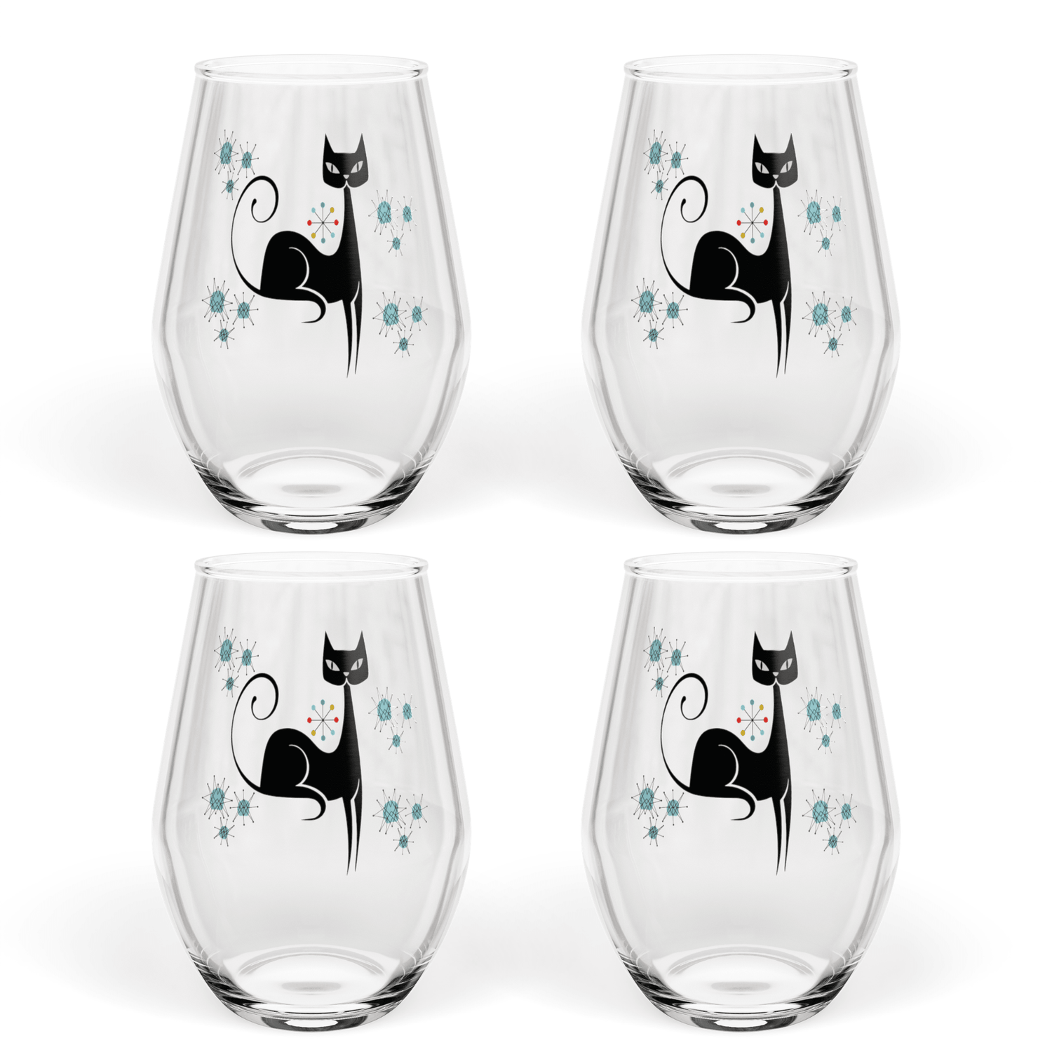 Kate McEnroe New York Franciscan Starburst Atomic Cat Stemless Wine Glass, Mid Century Modern Retro BarwareWine Glasses12541836861827153556