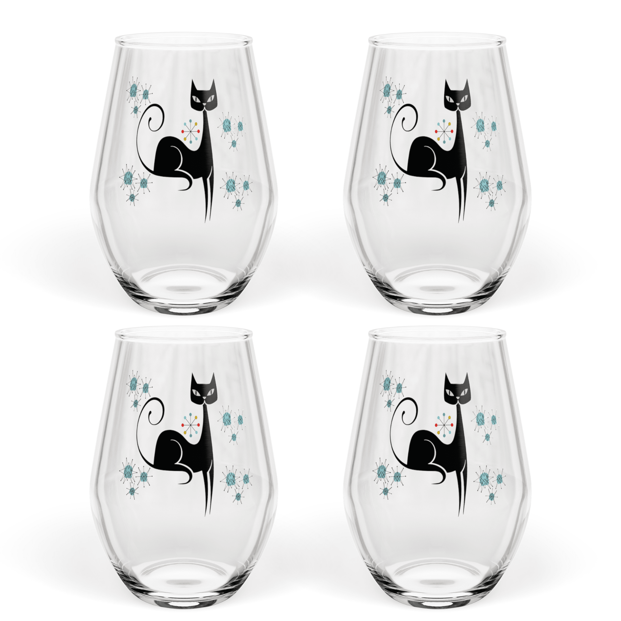 Kate McEnroe New York Franciscan Starburst Atomic Cat Stemless Wine Glass, Mid Century Modern Retro BarwareWine Glasses12541836861827153556