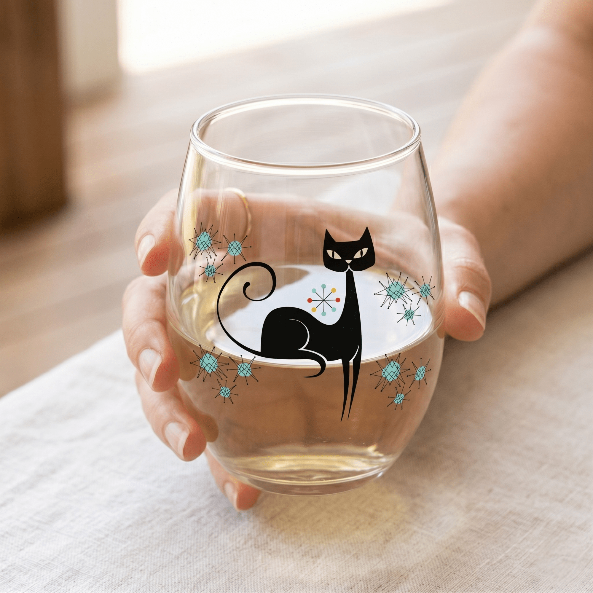 Kate McEnroe New York Franciscan Starburst Atomic Cat Stemless Wine Glass, Mid Century Modern Retro BarwareWine Glasses12541836861827153556