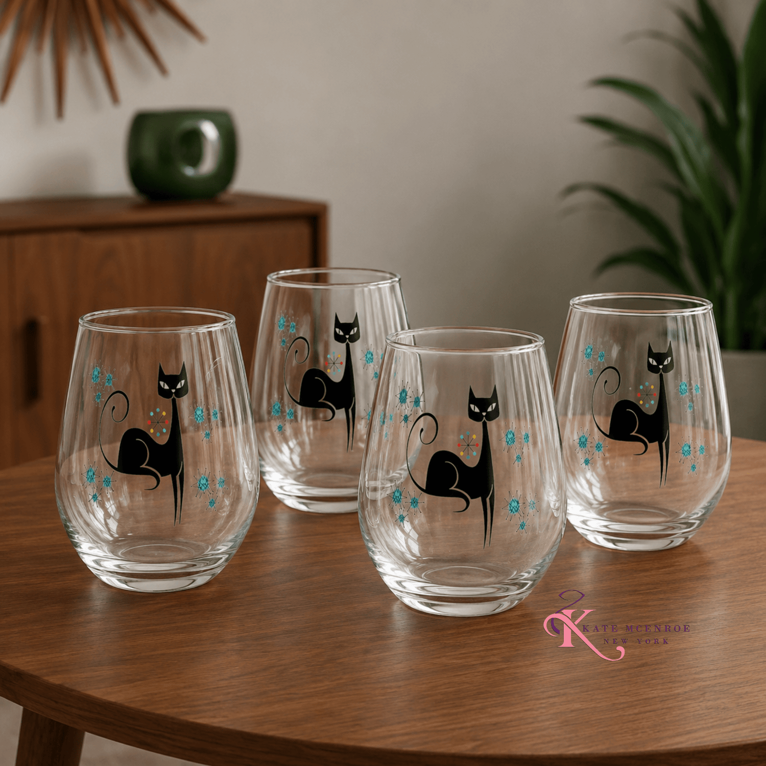 Kate McEnroe New York Franciscan Starburst Atomic Cat Stemless Wine Glass, Mid Century Modern Retro BarwareWine Glasses12541836861827153556