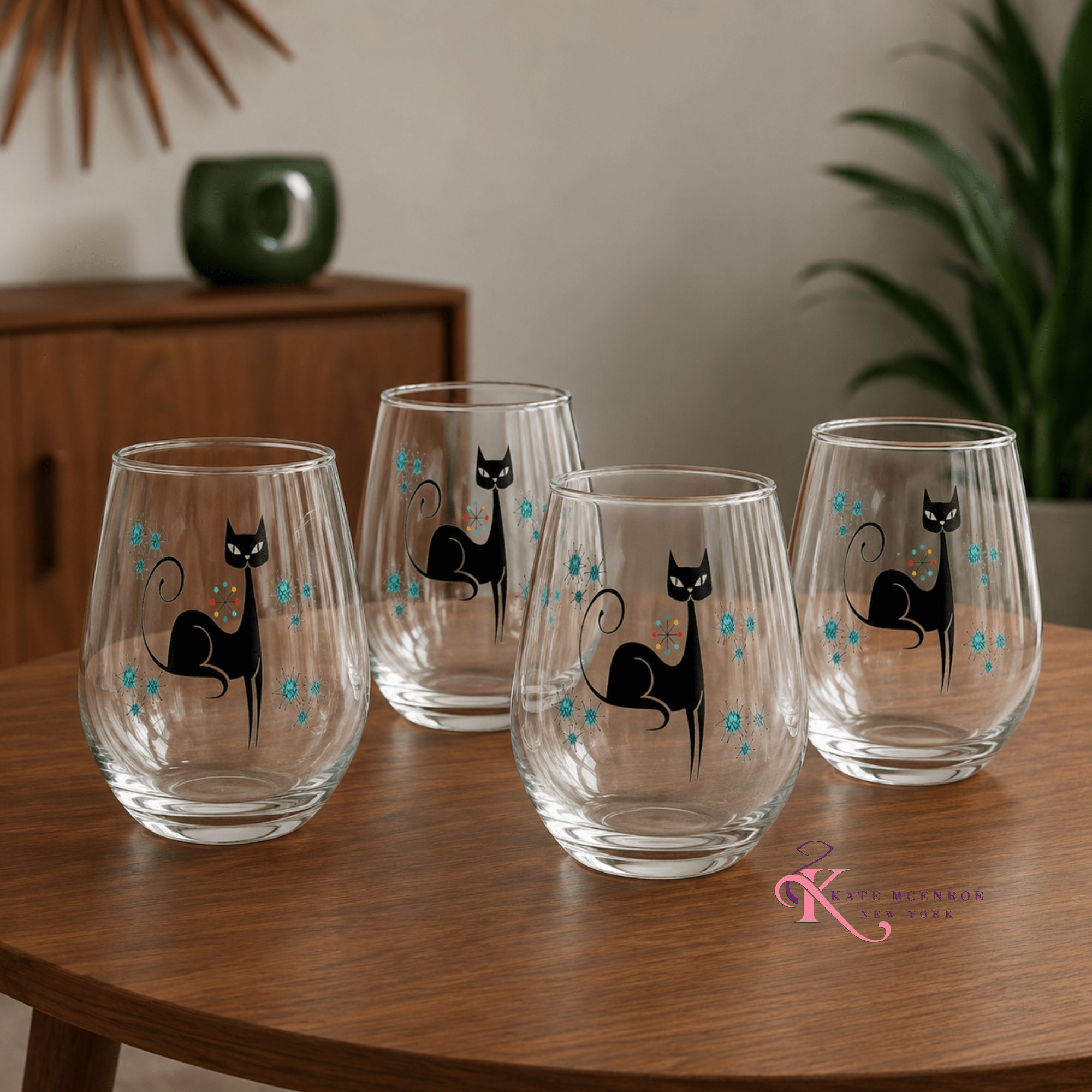 Kate McEnroe New York Franciscan Starburst Atomic Cat Stemless Wine Glass, Mid Century Modern Retro BarwareWine Glasses12541836861827153556