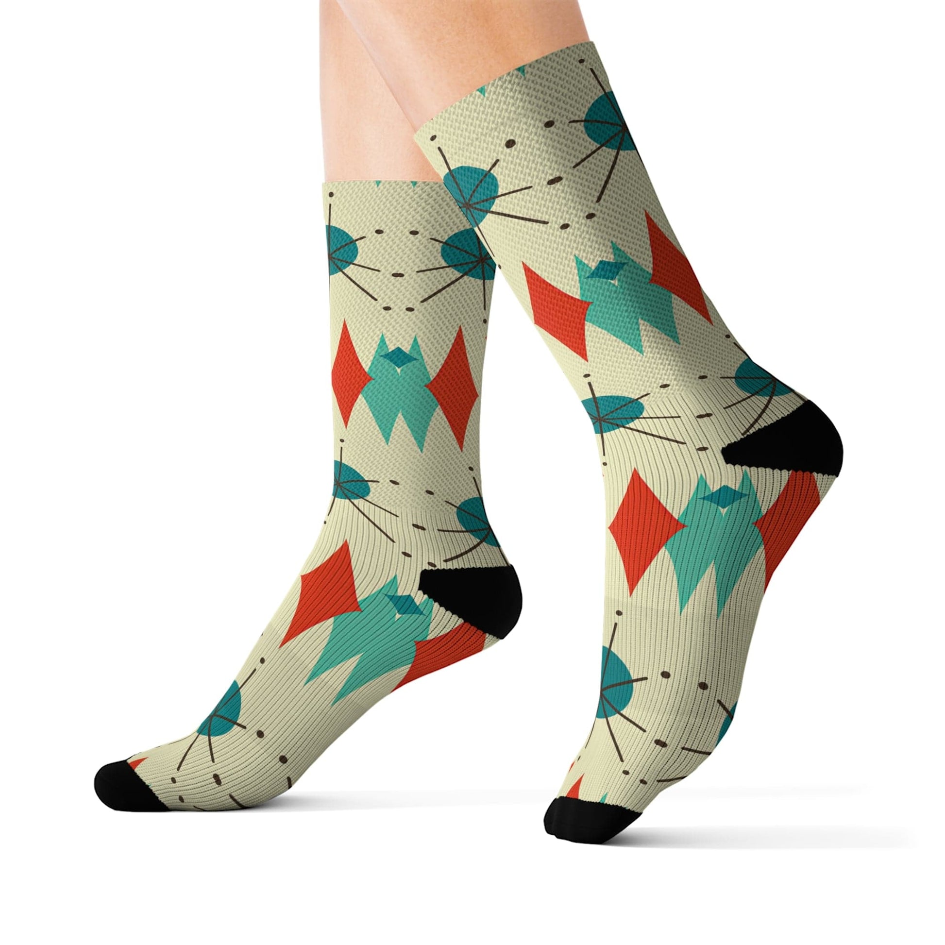 Printify Franciscan Starburst Crew Length Socks, Mid Century Modern Atomic Retro Fleece Lined, Ribbed Tube, Cushioned Bottom Footwear Gifts All Over Prints M 14736643043953930642