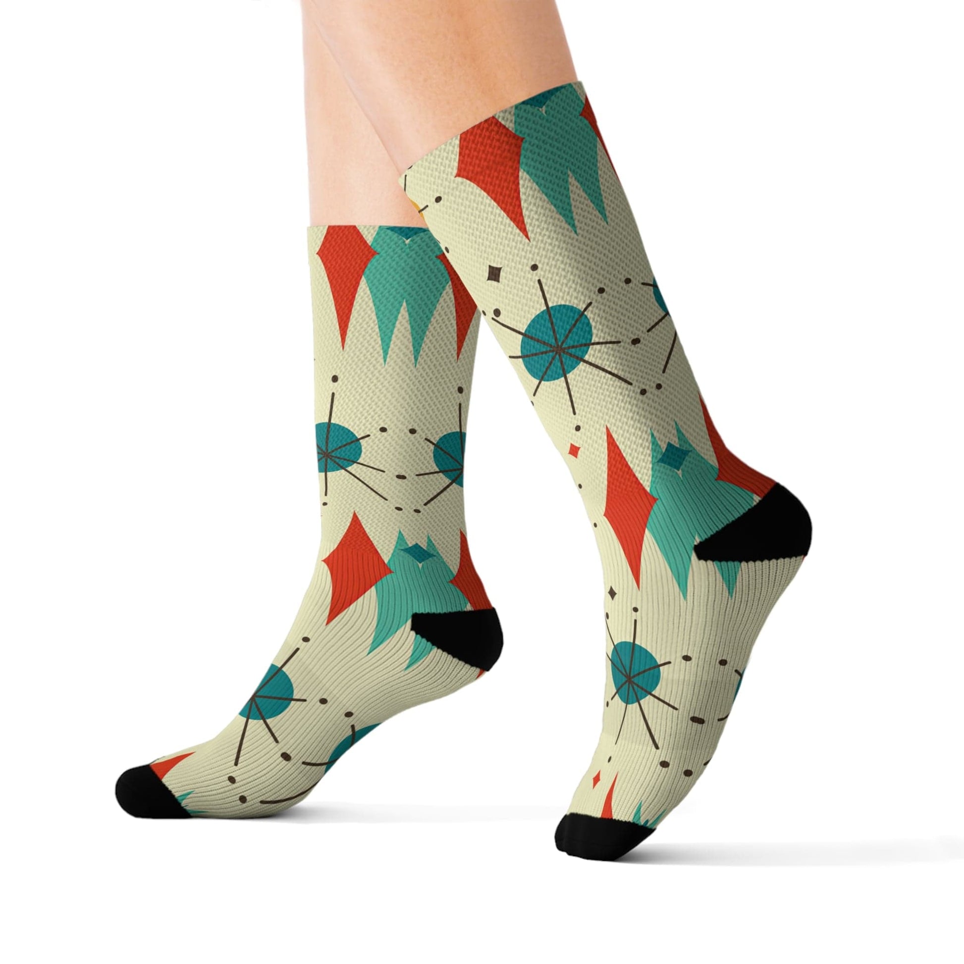 Printify Franciscan Starburst Crew Length Socks, Mid Century Modern Atomic Retro Fleece Lined, Ribbed Tube, Cushioned Bottom Footwear Gifts All Over Prints S 33083748159970778721