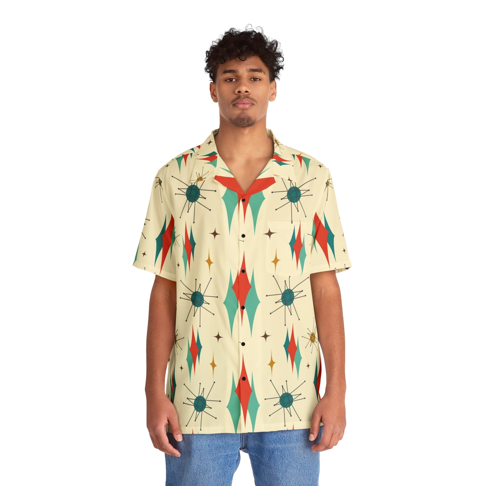 Kate McEnroe New York Franciscan Starburst Retro Button - Up Shirt, Mid Century Modern Atomic 50s Style, Vintage Geometric Men&