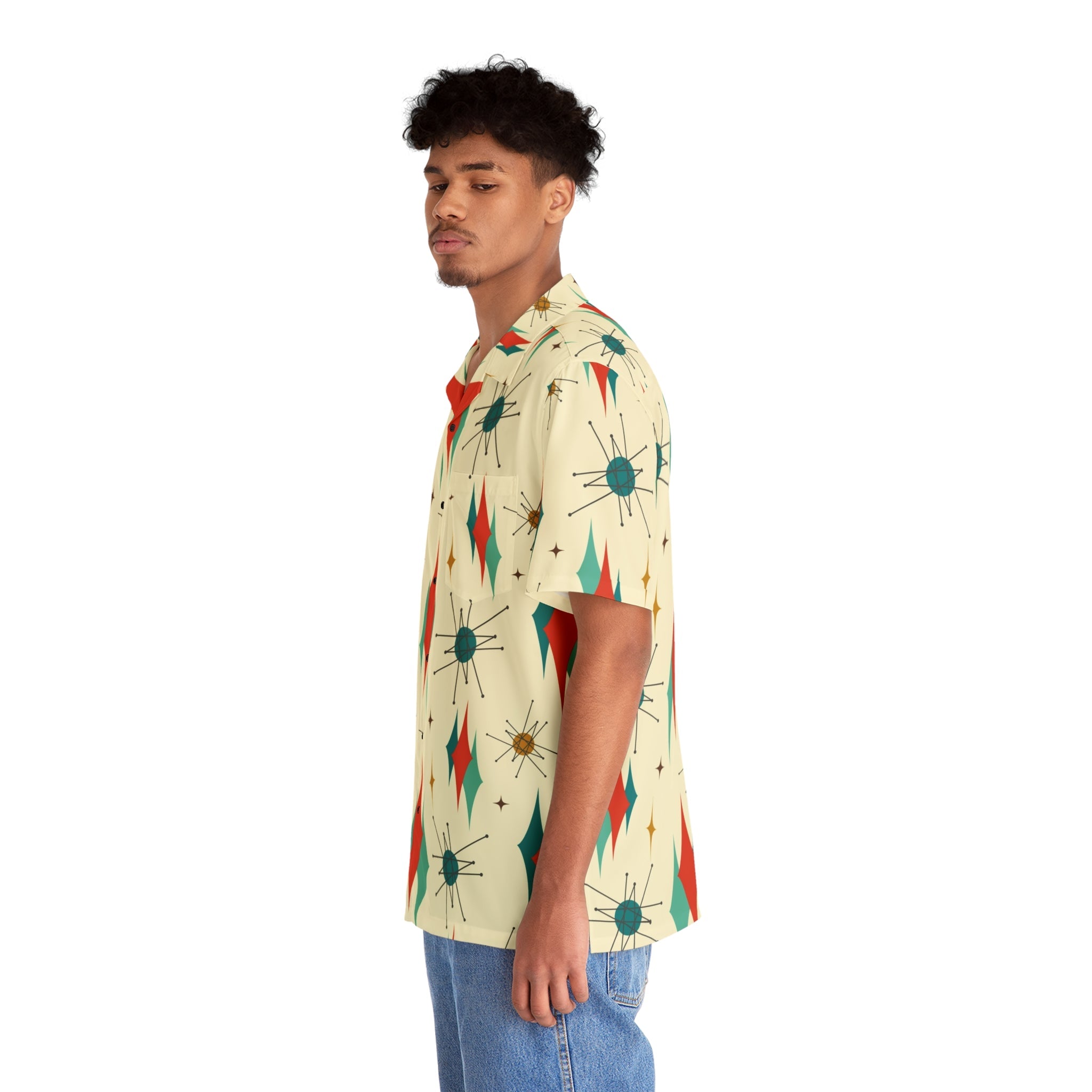 Kate McEnroe New York Franciscan Starburst Retro Button - Up Shirt, Mid Century Modern Atomic 50s Style, Vintage Geometric Men&
