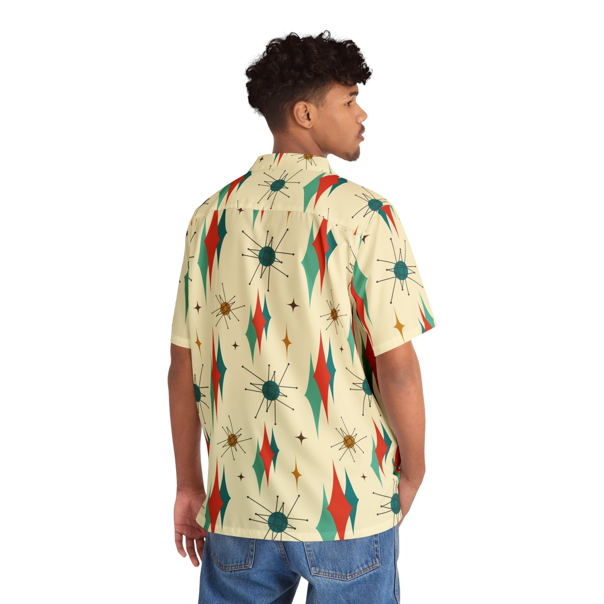 Kate McEnroe New York Franciscan Starburst Retro Button - Up Shirt, Mid Century Modern Atomic 50s Style, Vintage Geometric Men&