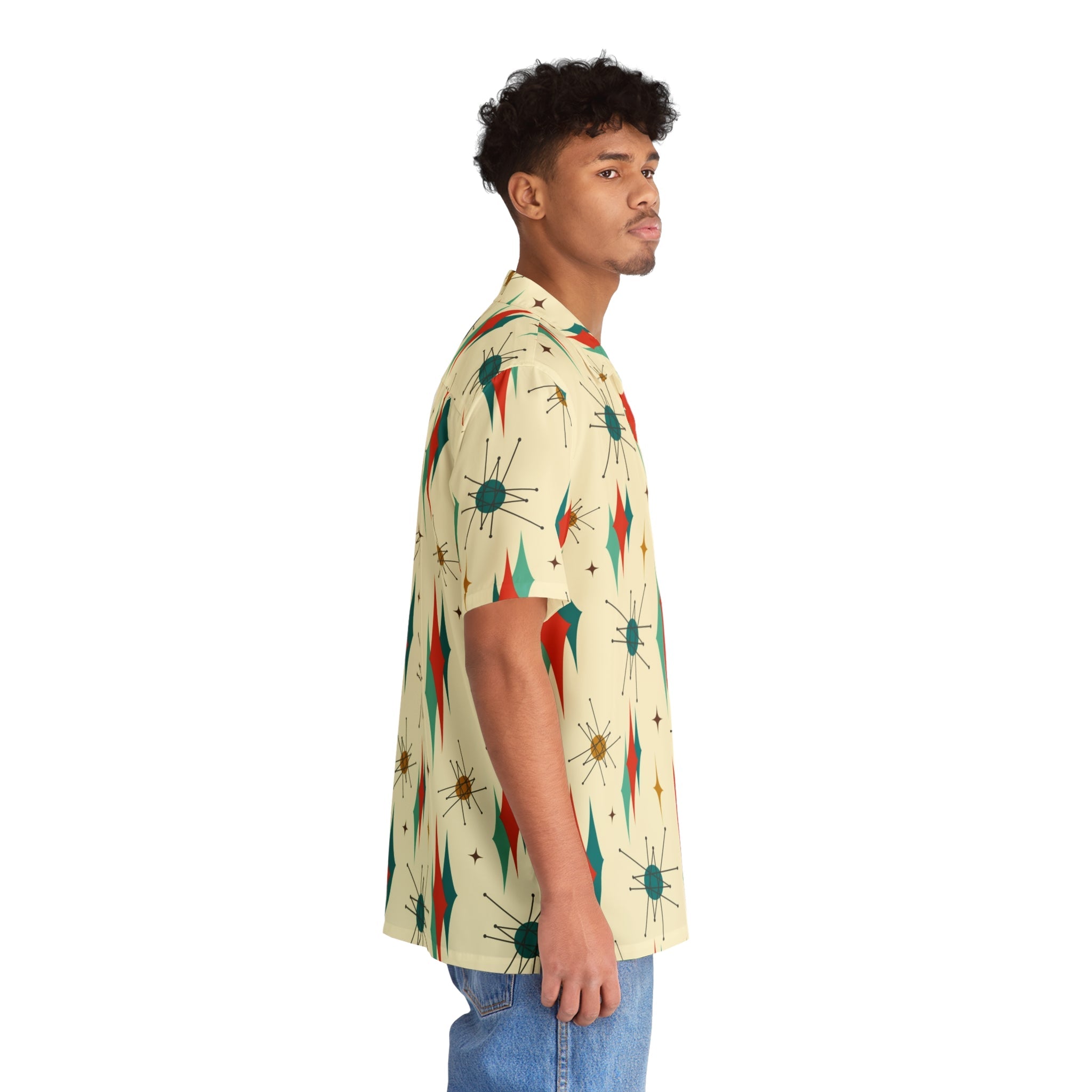 Kate McEnroe New York Franciscan Starburst Retro Button - Up Shirt, Mid Century Modern Atomic 50s Style, Vintage Geometric Men&