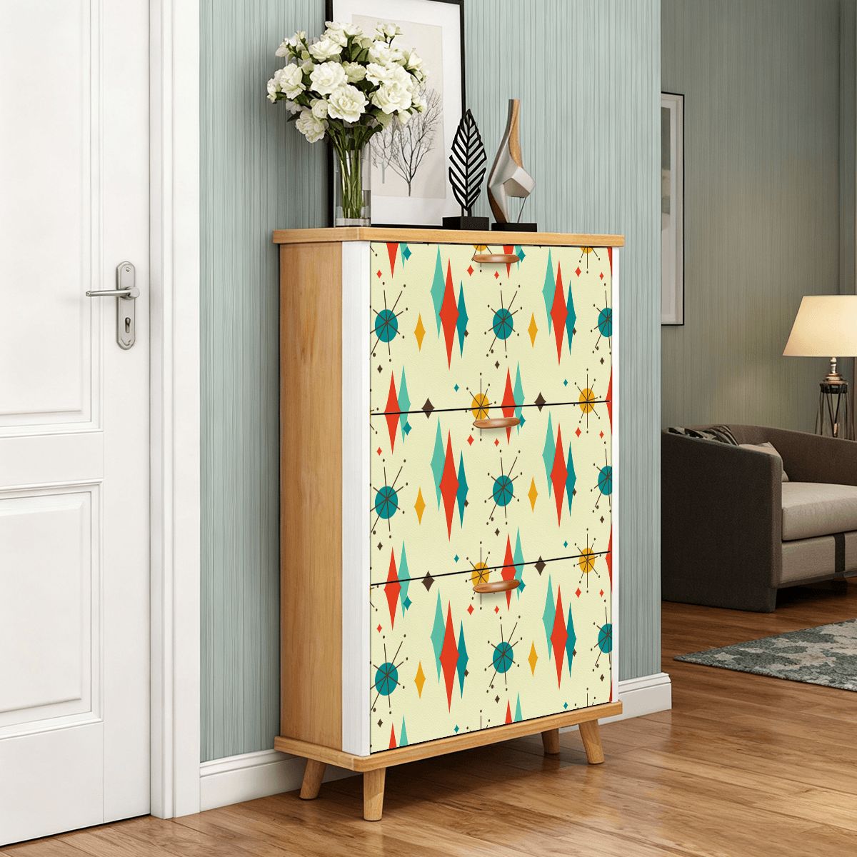 Kate McEnroe New York Franciscan Starburst Shoe Cabinet, Mid Century Modern 3-Tier Storage, Retro Diamond Starburst Entryway OrganizerShoe StorageNZhoyCYpOb