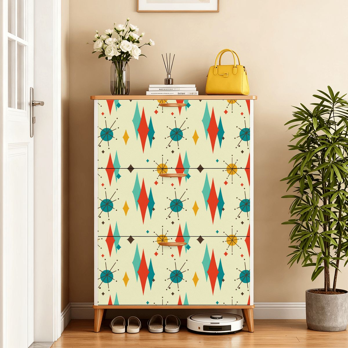 Kate McEnroe New York Franciscan Starburst Shoe Cabinet, Mid Century Modern 3-Tier Storage, Retro Diamond Starburst Entryway OrganizerShoe StorageNZhoyCYpOb