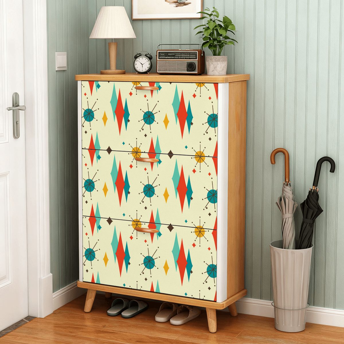 Kate McEnroe New York Franciscan Starburst Shoe Cabinet, Mid Century Modern 3-Tier Storage, Retro Diamond Starburst Entryway OrganizerShoe StorageNZhoyCYpOb