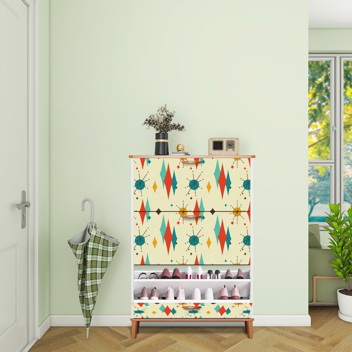 Kate McEnroe New York Franciscan Starburst Shoe Cabinet, Mid Century Modern 3 - Tier Storage, Retro Diamond Starburst Entryway OrganizerShoe StorageNZhoyCYpOb