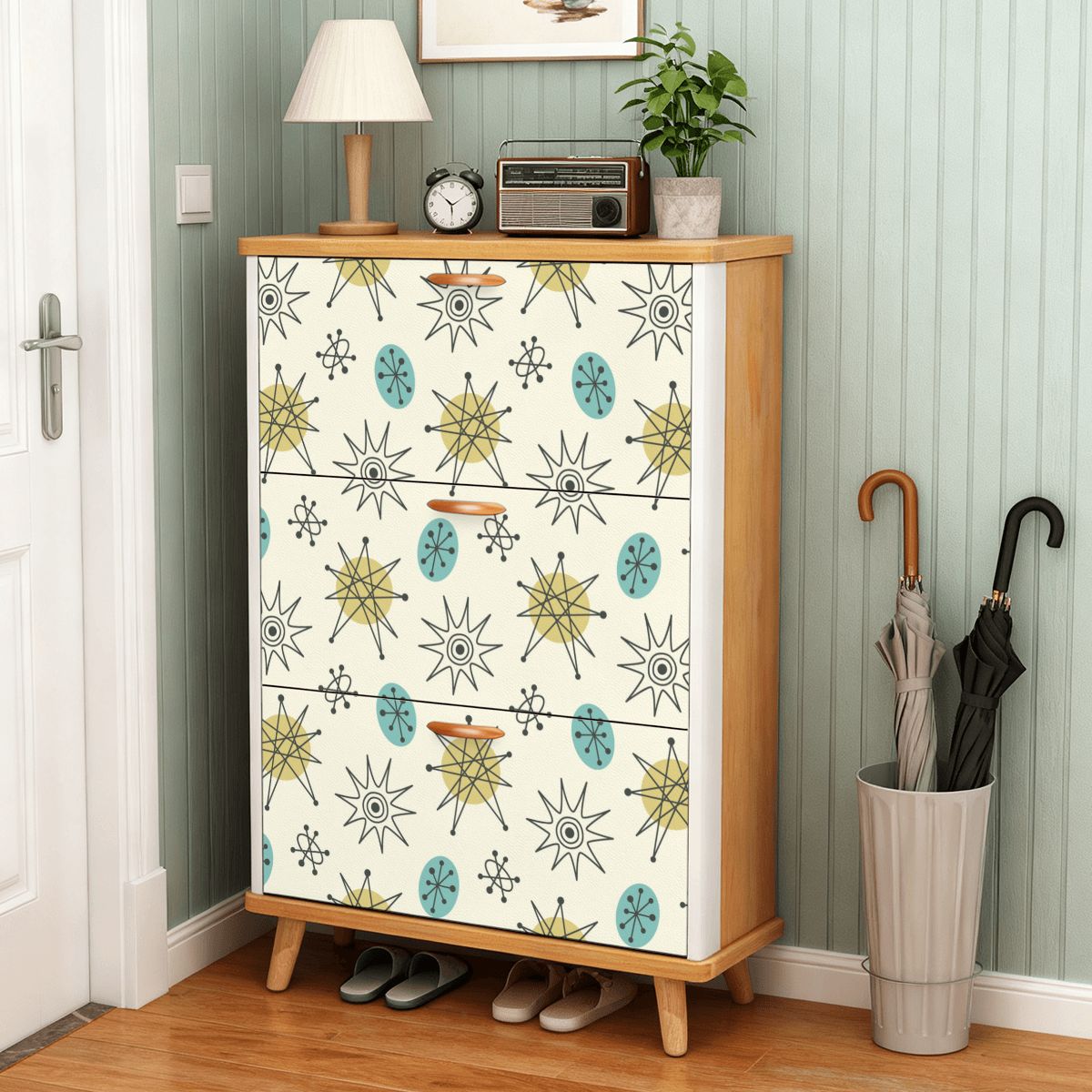 Kate McEnroe New York Franciscan Starburst Shoe Cabinet, Mid Century Modern 50s Retro 3 Drawer Storage RackShoe StorageSpHQVQf8VK