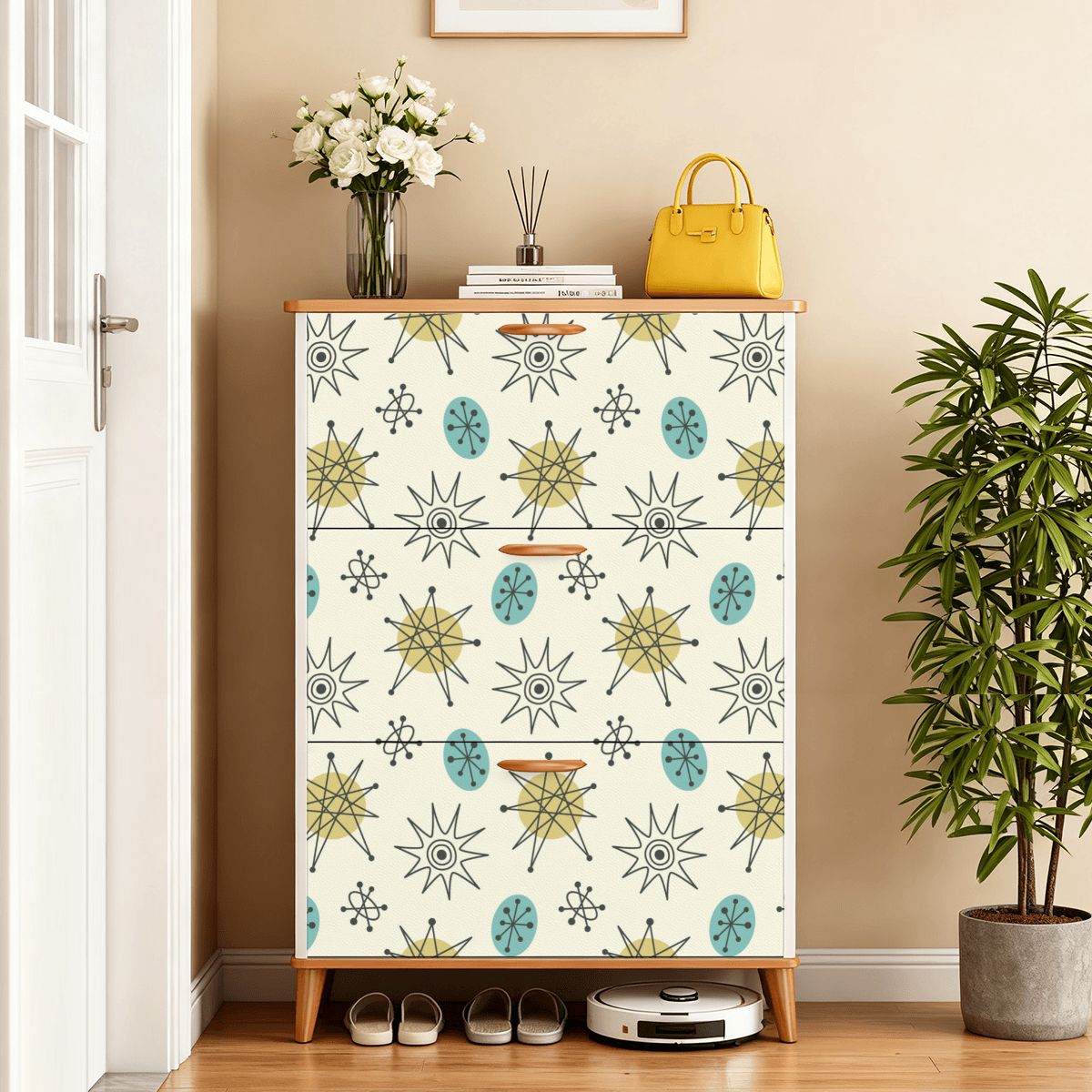 Kate McEnroe New York Franciscan Starburst Shoe Cabinet, Mid Century Modern 50s Retro 3 Drawer Storage RackShoe StorageSpHQVQf8VK