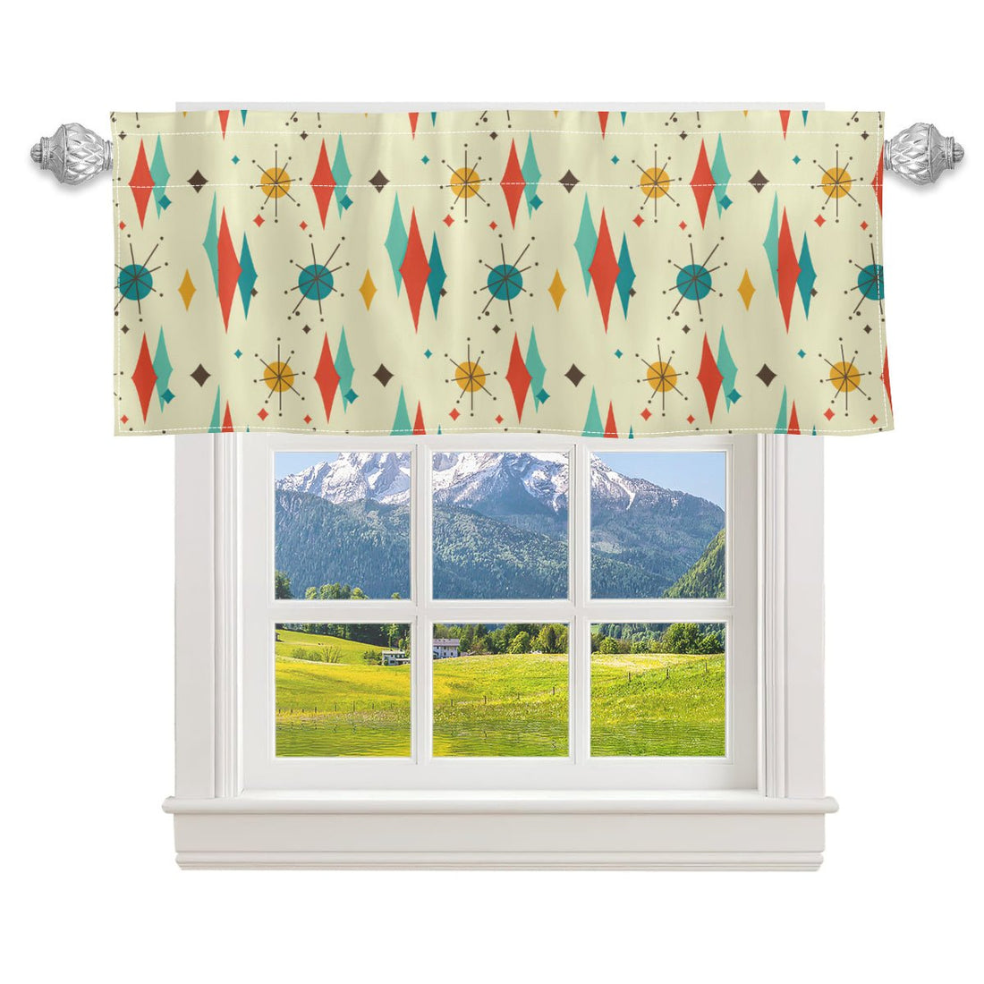 Kate McEnroe New York Franciscan Starburst Valance, Mid Century Modern Teal, Orange, Cream Kitchen, Bathroom Window Treatment, Retro Atomic Age DecorValancesH5KRTB - KJNZGC - 22DRJ7