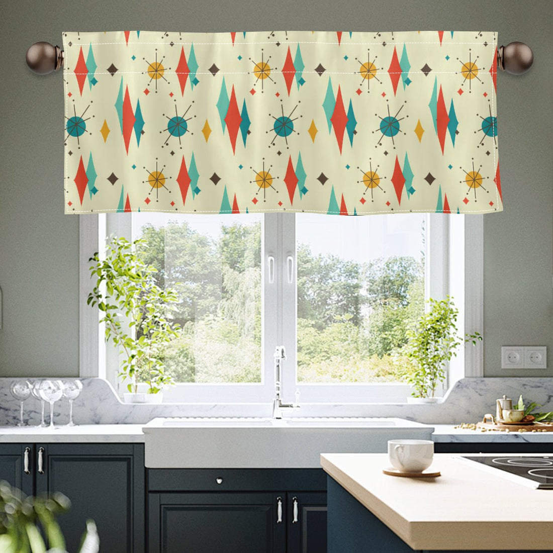 Kate McEnroe New York Franciscan Starburst Valance, Mid Century Modern Teal, Orange, Cream Kitchen, Bathroom Window Treatment, Retro Atomic Age DecorValancesH5KRTB - KJNZGC - 22DRJ7