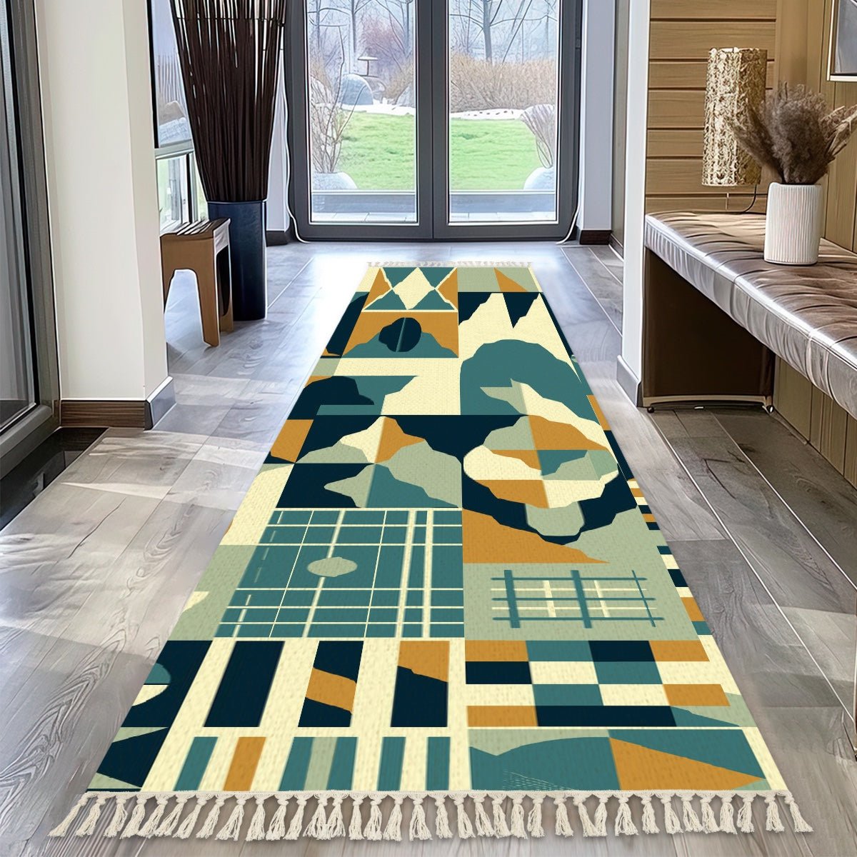 Kate McEnroe New York Geometric Mid Century Modern Hallway Runner Rug, Retro Teal Mustard Abstract Entryway MatRugs9JXOUIsLnT