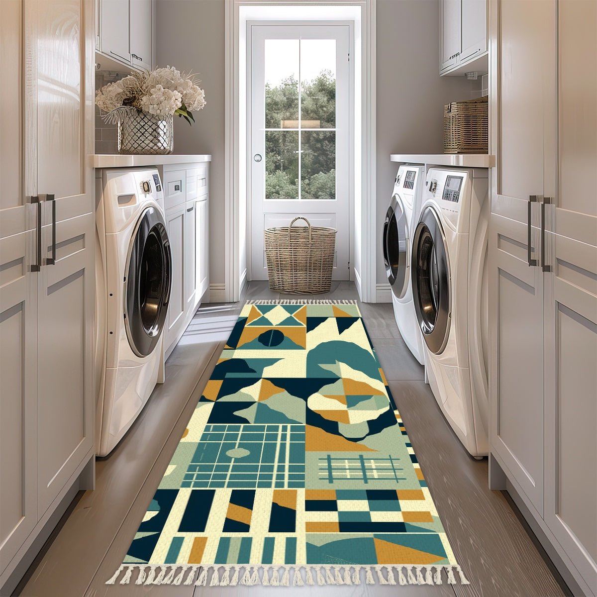 Kate McEnroe New York Geometric Mid Century Modern Hallway Runner Rug, Retro Teal Mustard Abstract Entryway MatRugs9JXOUIsLnT