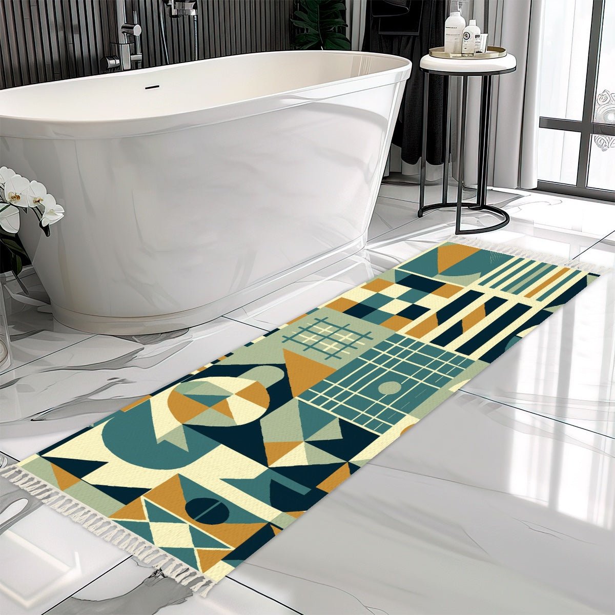 Kate McEnroe New York Geometric Mid Century Modern Hallway Runner Rug, Retro Teal Mustard Abstract Entryway MatRugs9JXOUIsLnT