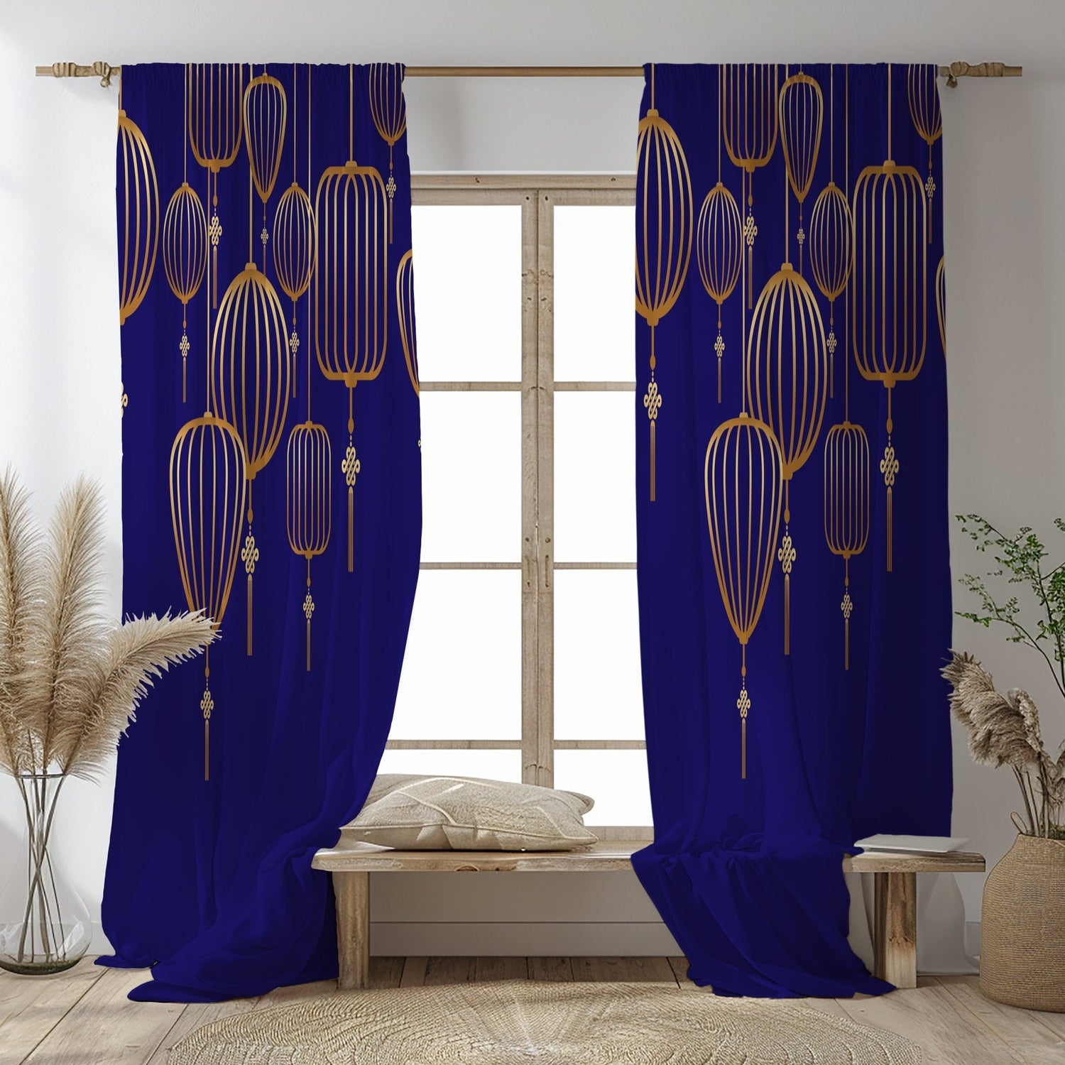 Kate McEnroe New York Gold Lantern Blackout Curtain, Elegant Chinoiserie Window Treatment, Modern Gold Lantern Patterned Panel, Decorative Living Room CurtainWindow Curtains20429160674302819997