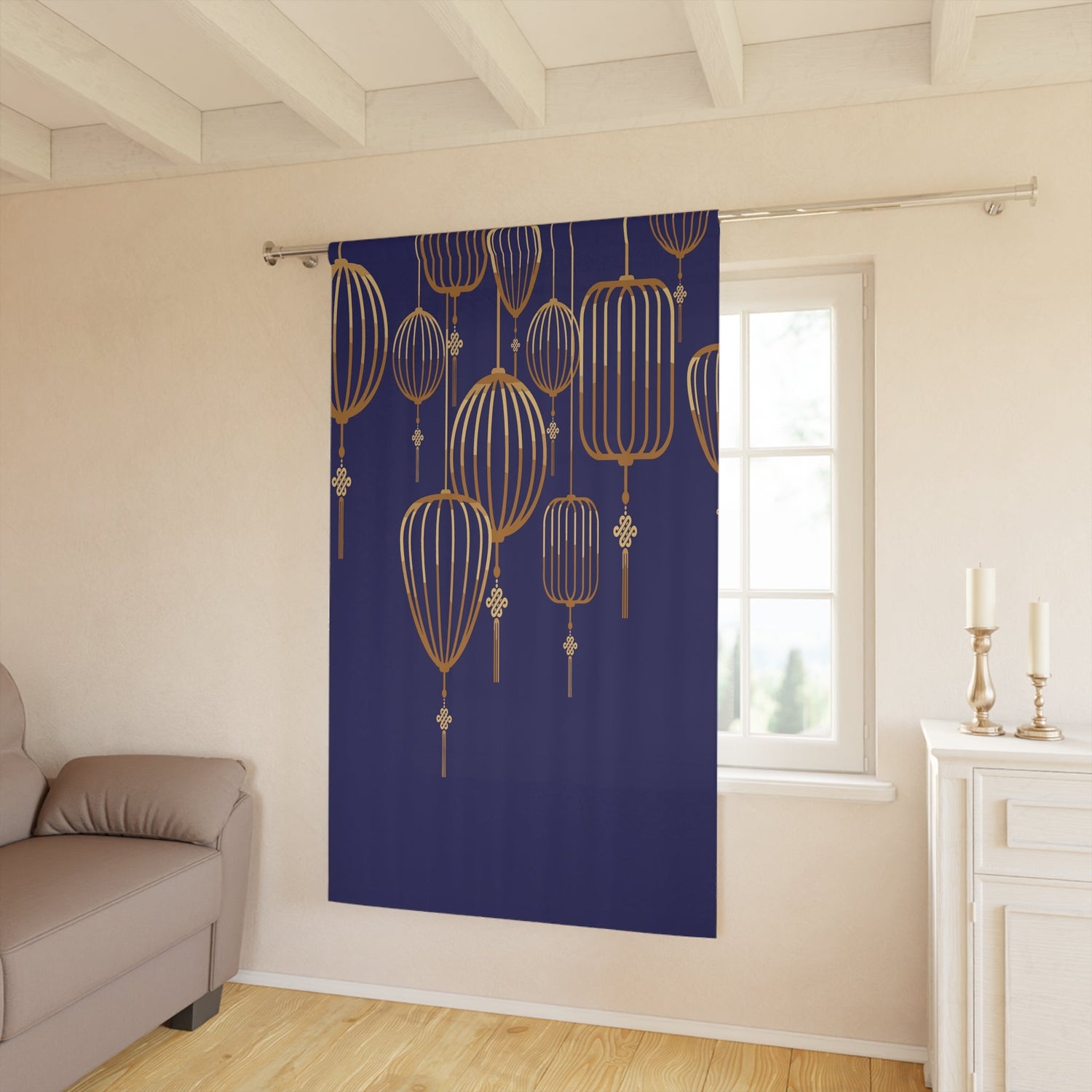 Kate McEnroe New York Gold Lantern Blackout Curtain, Elegant Chinoiserie Window Treatment, Modern Gold Lantern Patterned Panel, Decorative Living Room CurtainWindow Curtains20429160674302819997