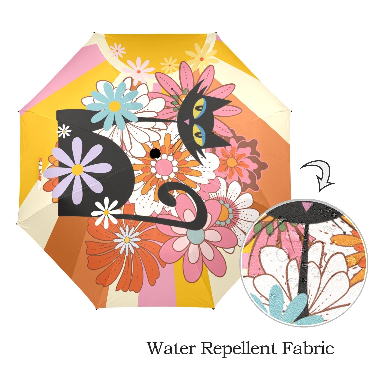 Kate McEnroe New York Groovy 70s Atomic Cat Mod Floral Umbrella, Hippie Psychedelic Mid Century Modern Retro Rain Gearn Retro Rain GearUmbrellas11813412167637439035