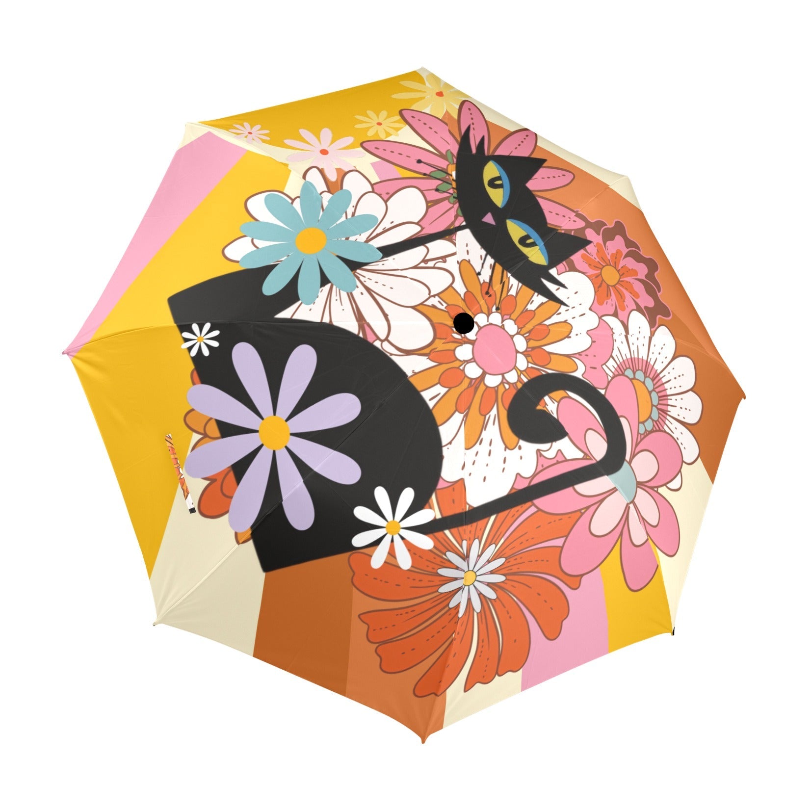 Kate McEnroe New York Groovy 70s Atomic Cat Mod Floral Umbrella, Hippie Psychedelic Mid Century Modern Retro Rain Gearn Retro Rain GearUmbrellas11813412167637439035