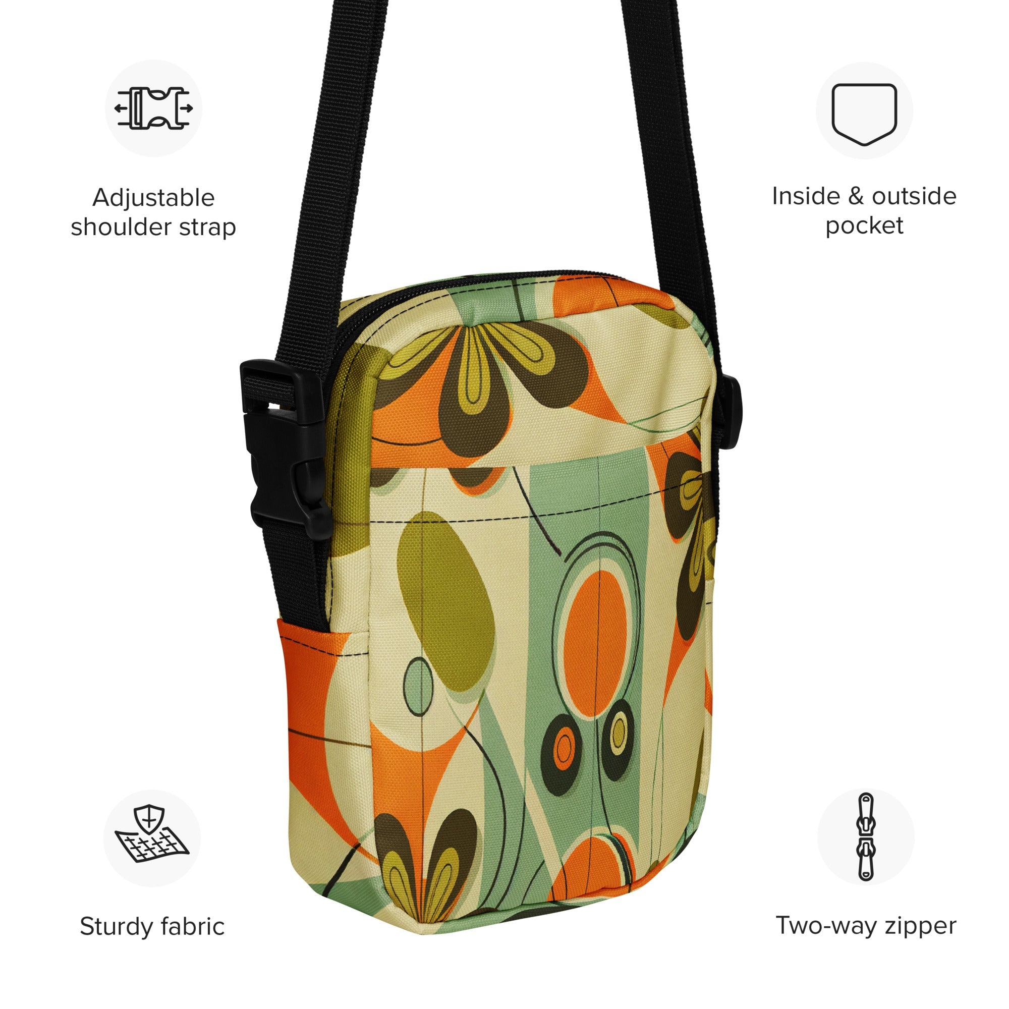 Kate McEnroe New York Groovy 70s Mod Floral Crossbody Bag, Retro Mid Century Modern Sling BagCrossbody Bags8641670_19256