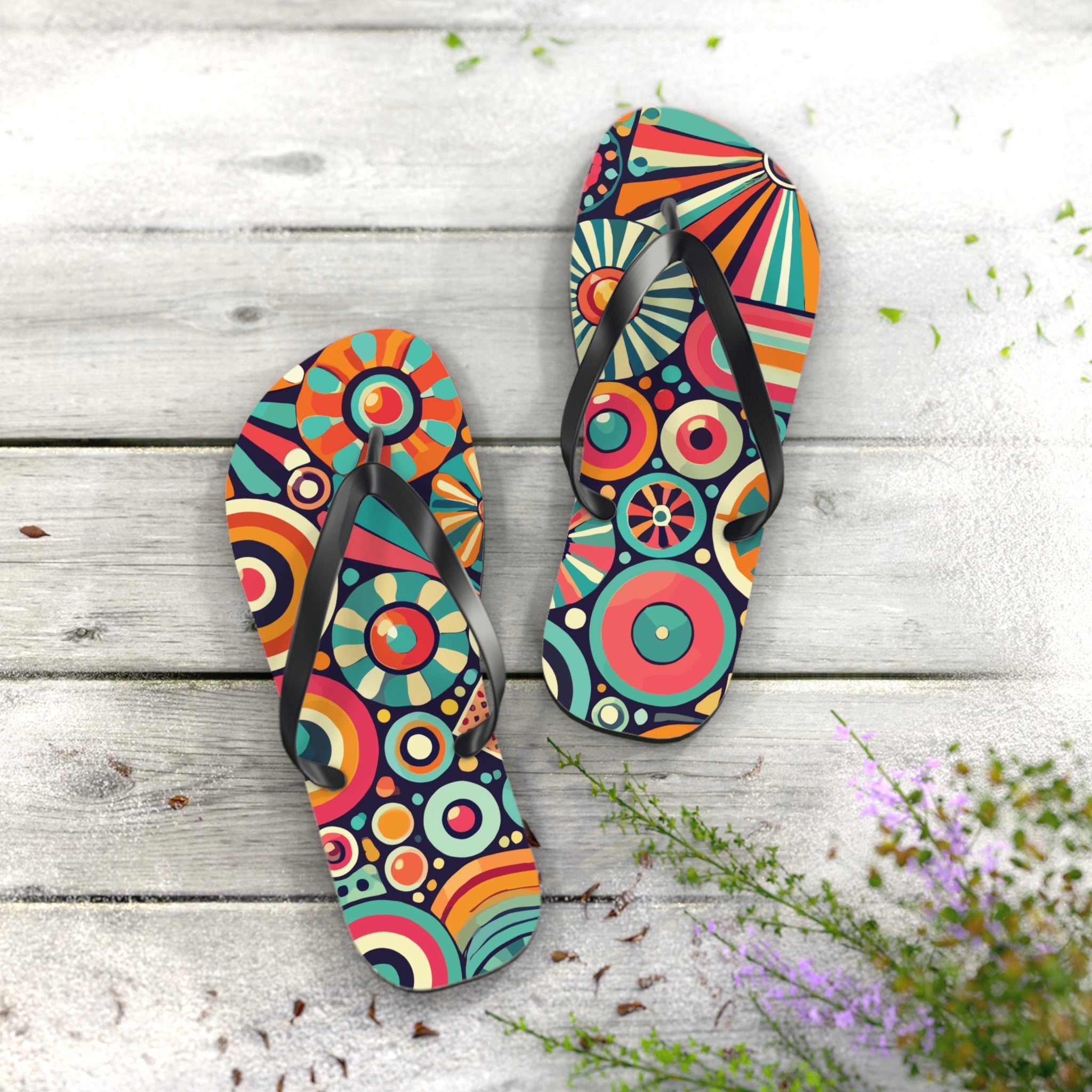 Kate McEnroe New York Groovy 70s Psychedelic Flip Flops, Retro Sunburst Beach SandalsFlip Flops11204852605805119481