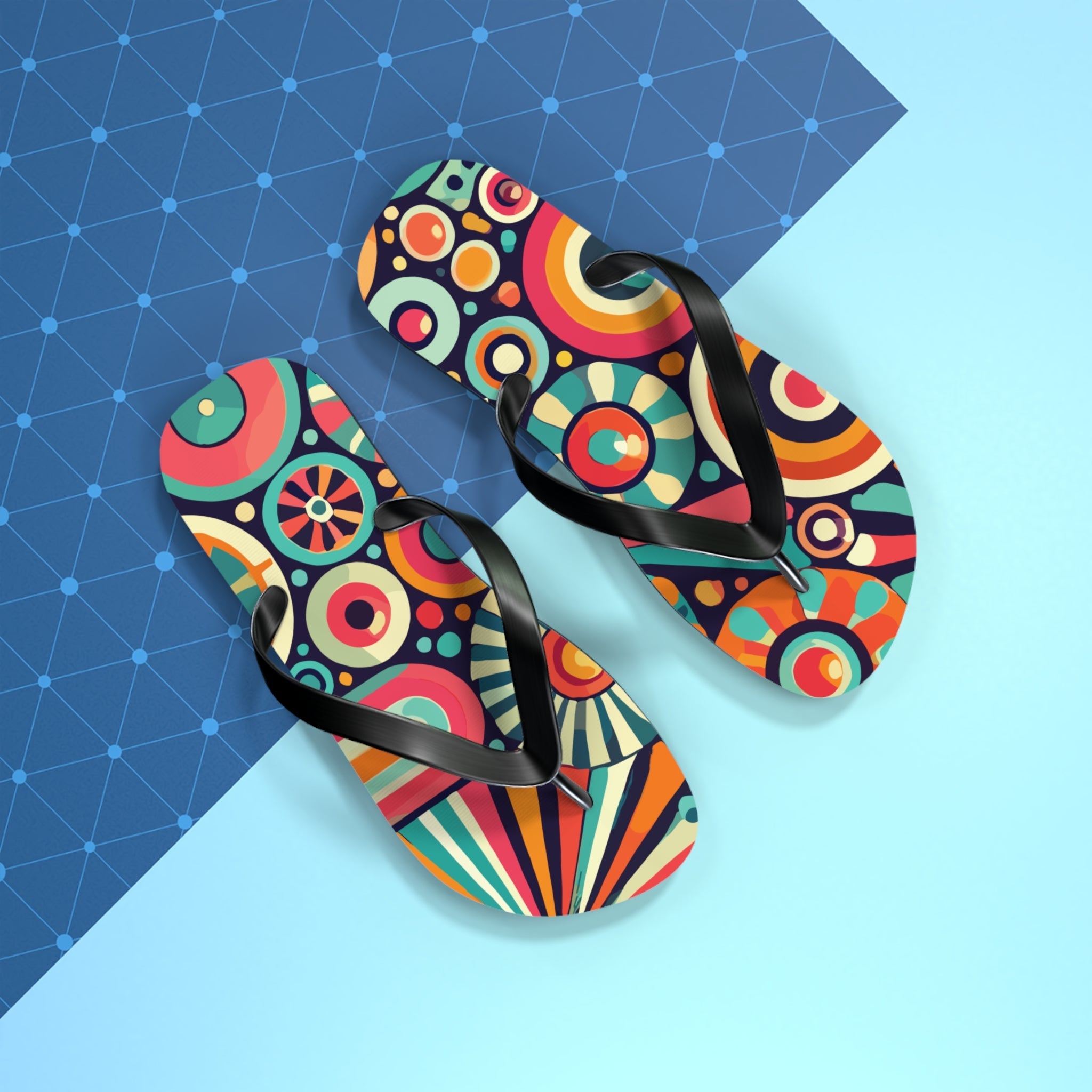 Kate McEnroe New York Groovy 70s Psychedelic Flip Flops, Retro Sunburst Beach SandalsFlip Flops33968940844774856177