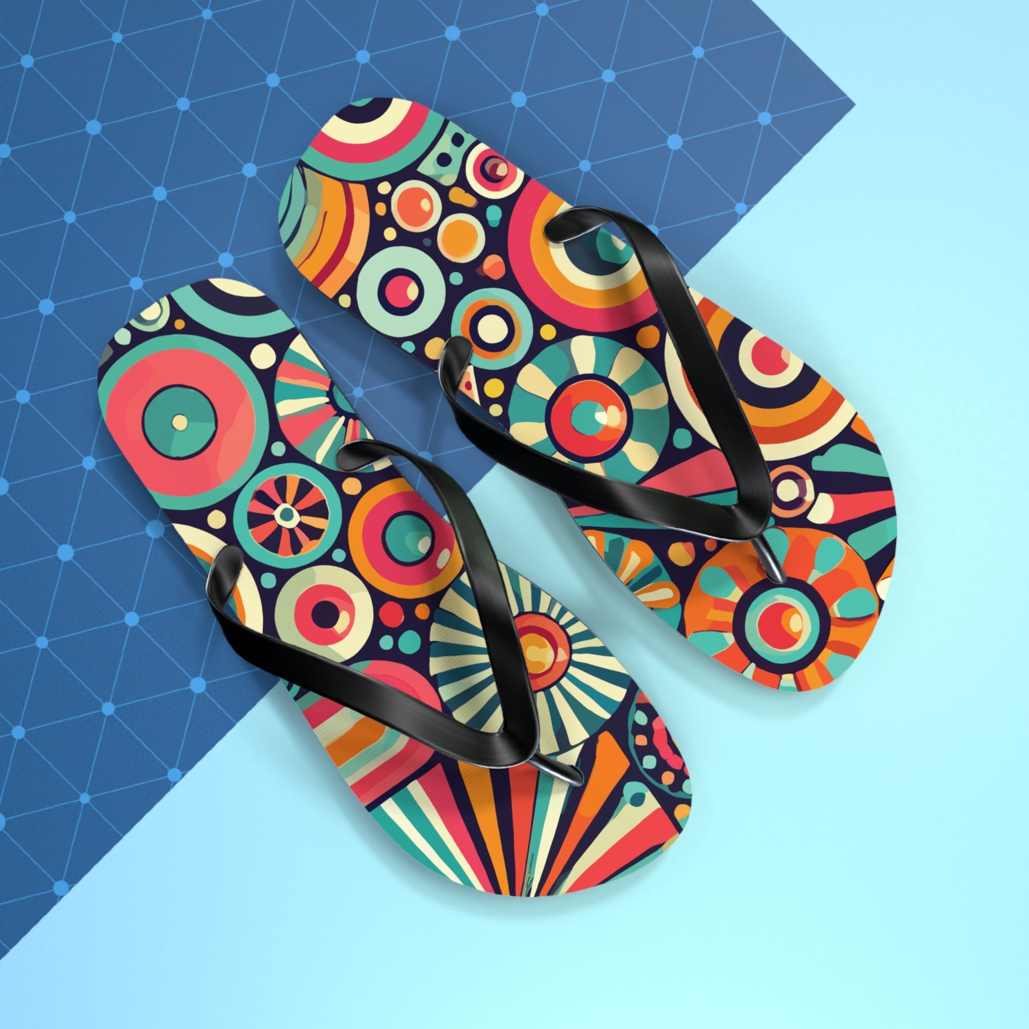 Kate McEnroe New York Groovy 70s Psychedelic Flip Flops, Retro Sunburst Beach SandalsFlip Flops33968940844774856177