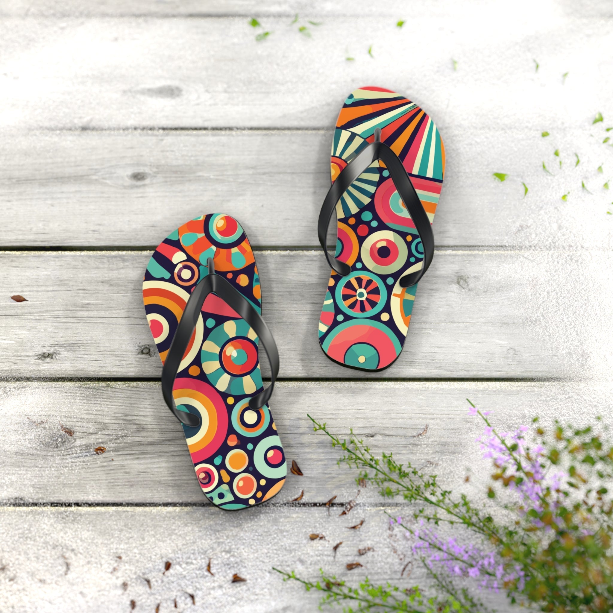Kate McEnroe New York Groovy 70s Psychedelic Flip Flops, Retro Sunburst Beach SandalsFlip Flops33968940844774856177
