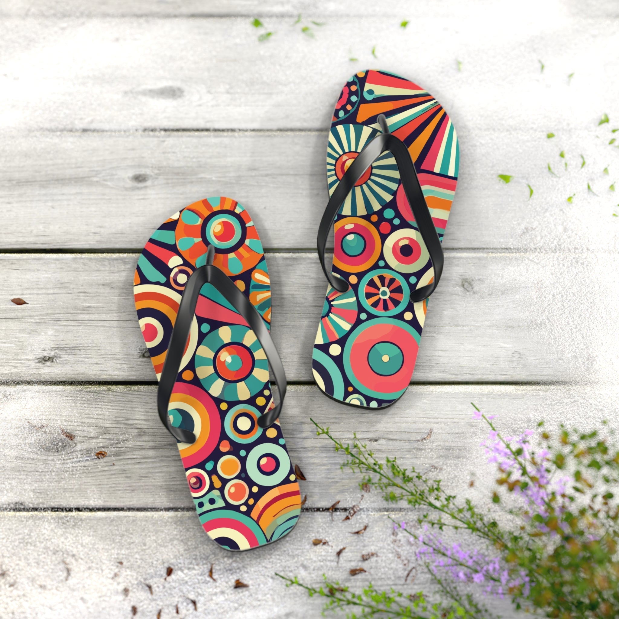 Kate McEnroe New York Groovy 70s Psychedelic Flip Flops, Retro Sunburst Beach SandalsFlip Flops33968940844774856177