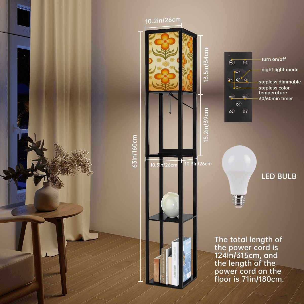 Kate McEnroe New York Groovy 70s Retro Floral Tower Lamp, Mid Century Modern Bookshelf LightLamp with ShelvesdylK4ayxzq