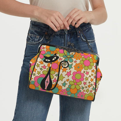 Kate McEnroe New York Groovy Atomic Cat 70s Retro Hippie Kiss Lock Crossbody BagCrossbody BagsD3279730