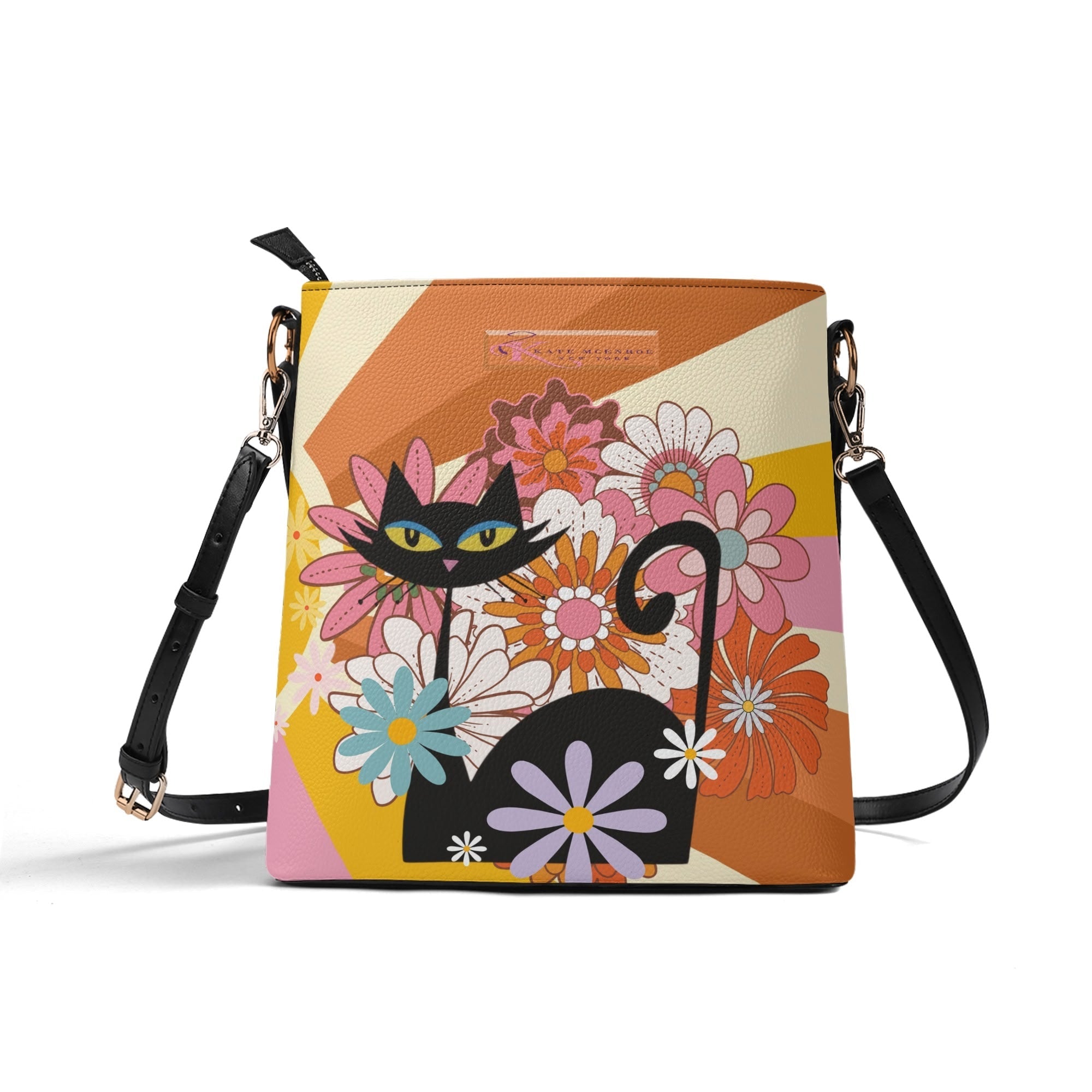 Kate McEnroe New York Groovy Atomic Cat Flower Power Handbag, Hippie Retro 60s Mod Mid Century Modern Bucket BagHandbagsN4MXG2XW - 1