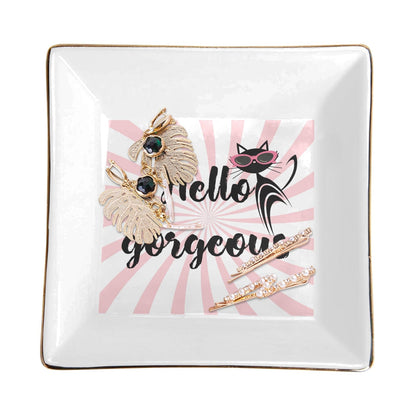 interestprint Groovy Atomic Cat &quot;Hello Gorgeous&quot; Jewelry Dish - Mid-Century Ceramic Catchall Jewelry Tray One Size D2874520