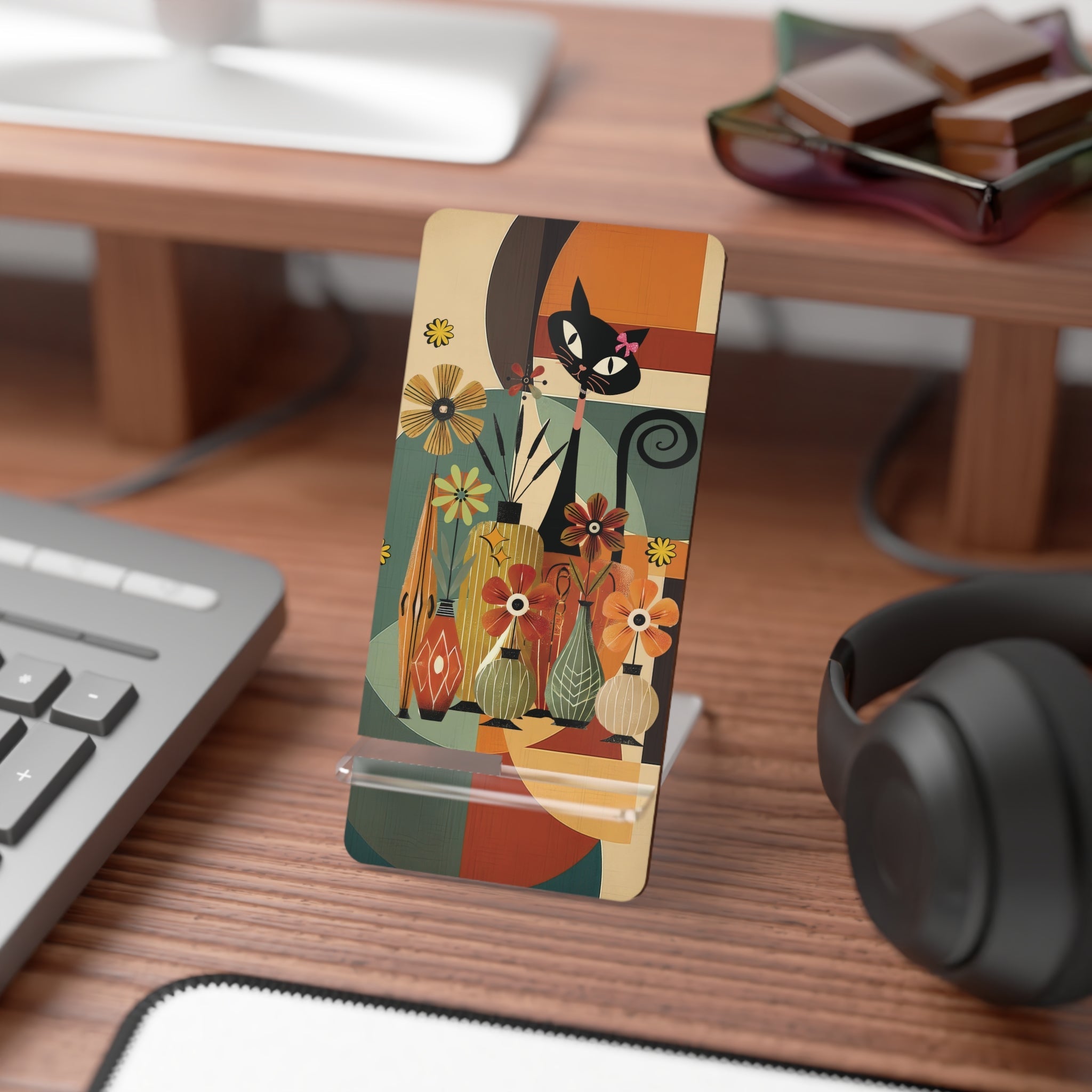 Kate McEnroe New York Groovy Atomic Cat Phone Stand, Hippie Boho Floral Smartphone Holder, Retro 60s Mod Vase MCM Desk AccessoryMobile Phone Stands16487758378105020783