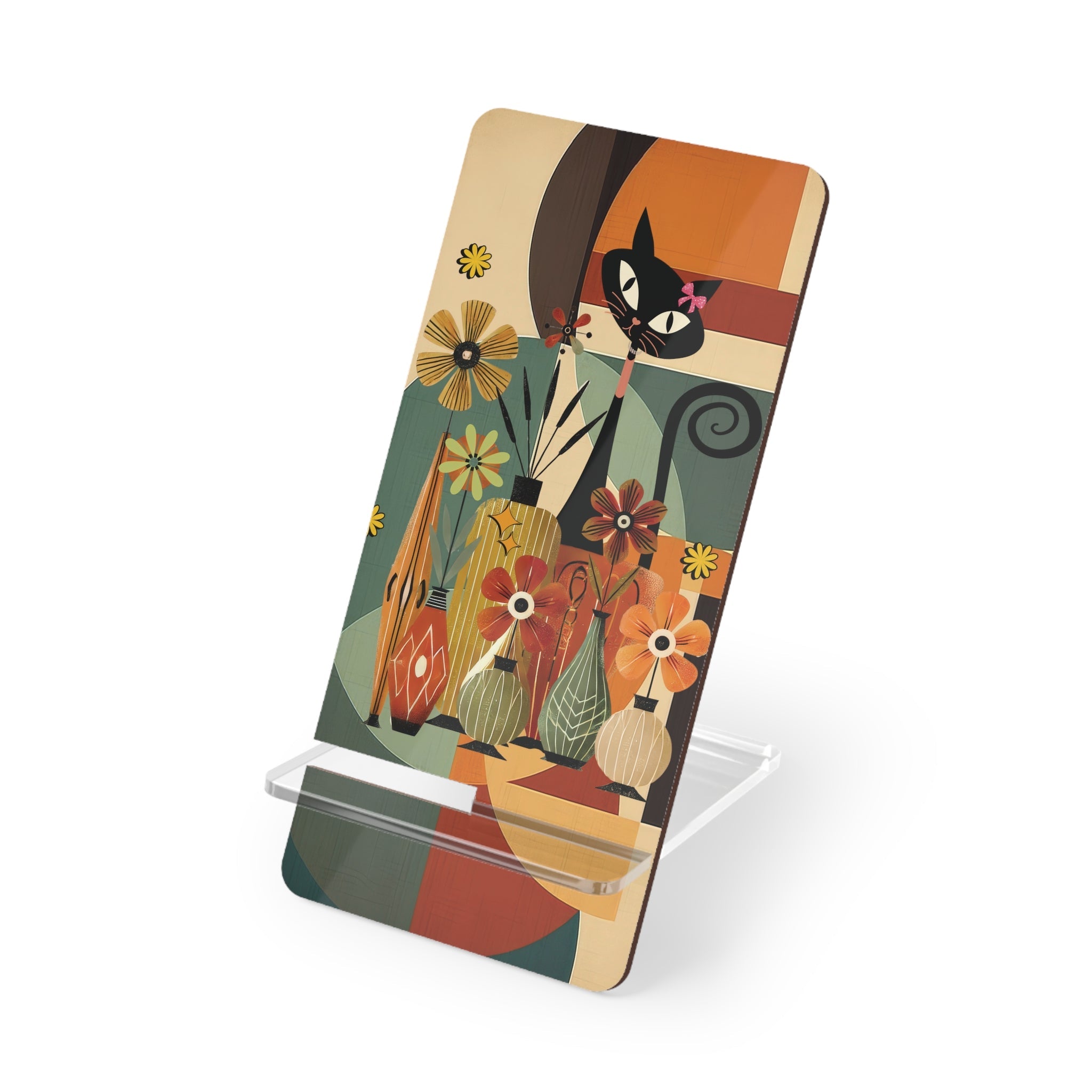 Kate McEnroe New York Groovy Atomic Cat Phone Stand, Hippie Boho Floral Smartphone Holder, Retro 60s Mod Vase MCM Desk AccessoryMobile Phone Stands16487758378105020783