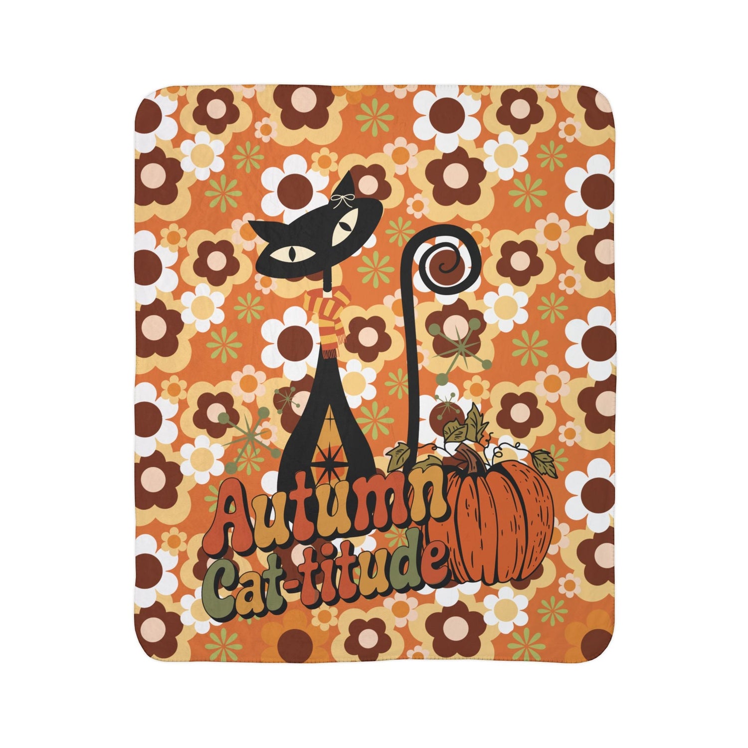 Kate McEnroe New York Groovy Atomic Kitsch Cat Fall Sherpa Fleece Blanket, Retro 70s Fall Pumpkin DecorBlankets26594521929028746950